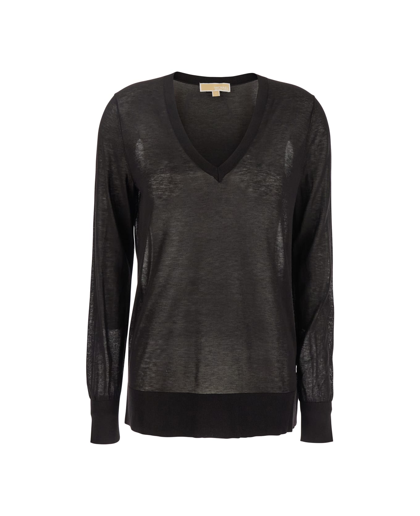 Michael Kors Black T-shirt With V Neck And Ribbed Trims In Cotton And Silk Blend Woman - Black