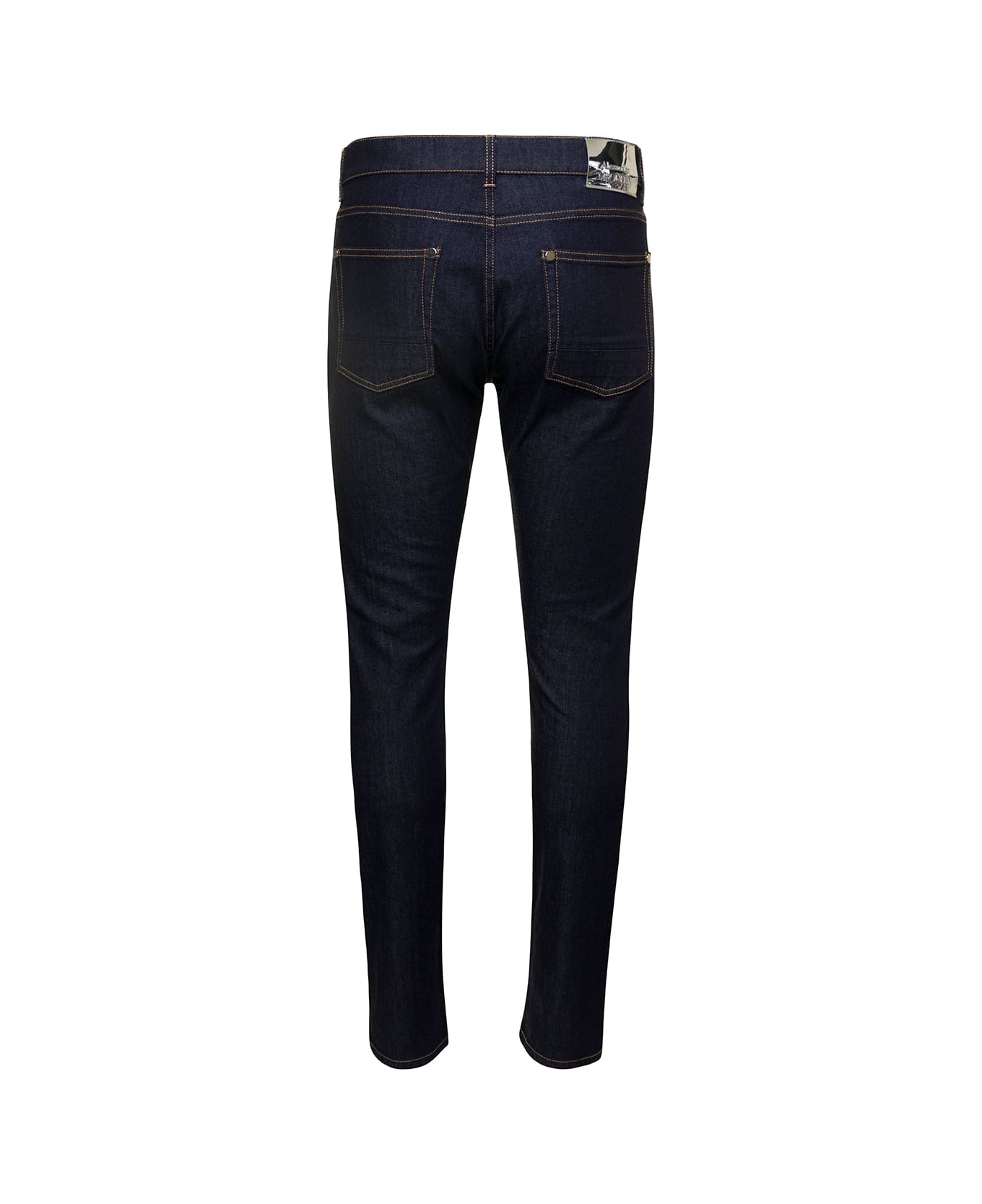 Alexander McQueen Blue Tight Pants With Metallic Logo Patch And Contrasting Stitching In Cotton Denim Man - Blu デニム