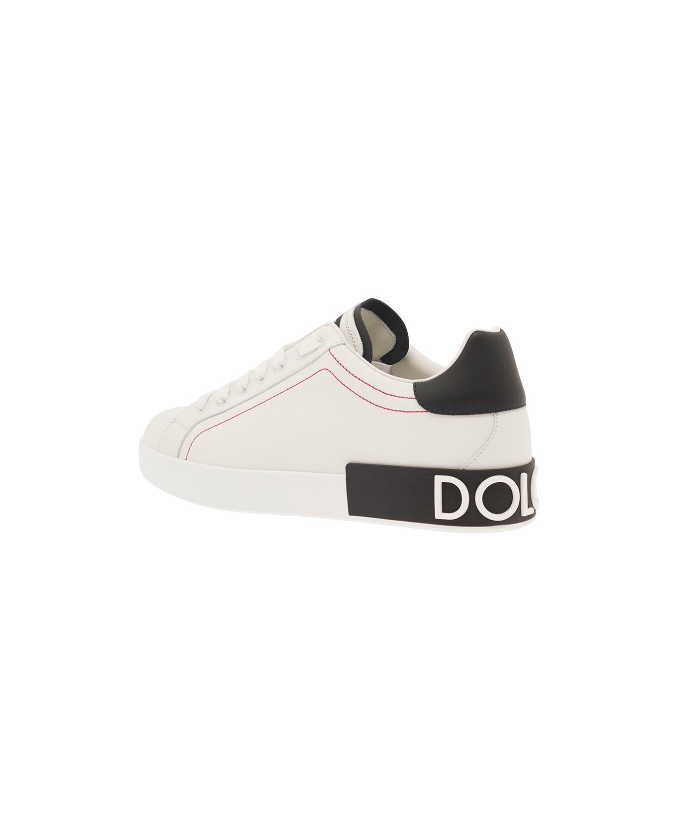 Dolce & Gabbana 'portofino' White Low Top Sneakers With Patch Logo And Red Stitching In Smooth Leather Man - White スニーカー