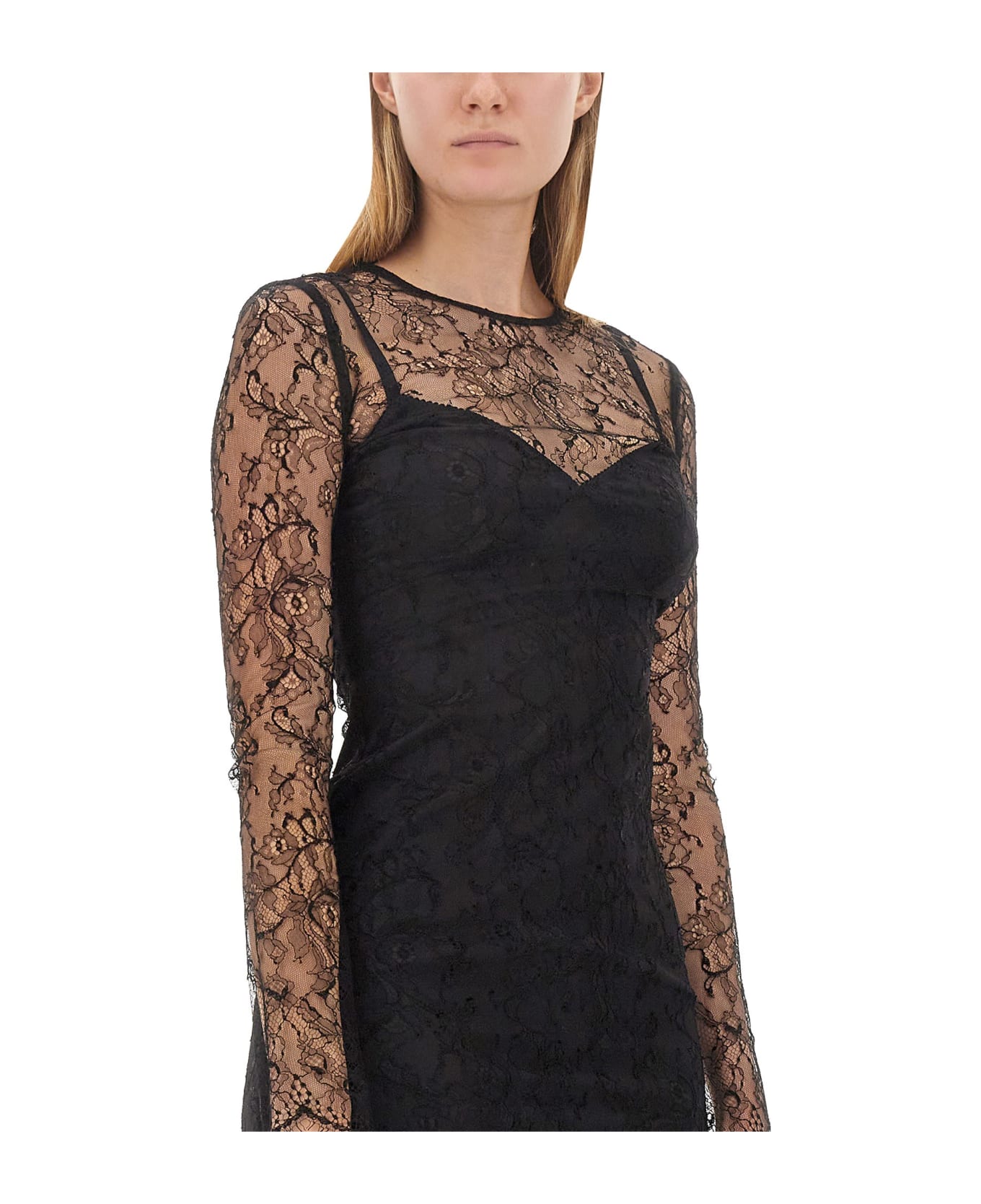 Dolce & Gabbana Chantilly Laces Fil Coupe' Longuette Dress - Black ワンピース＆ドレス