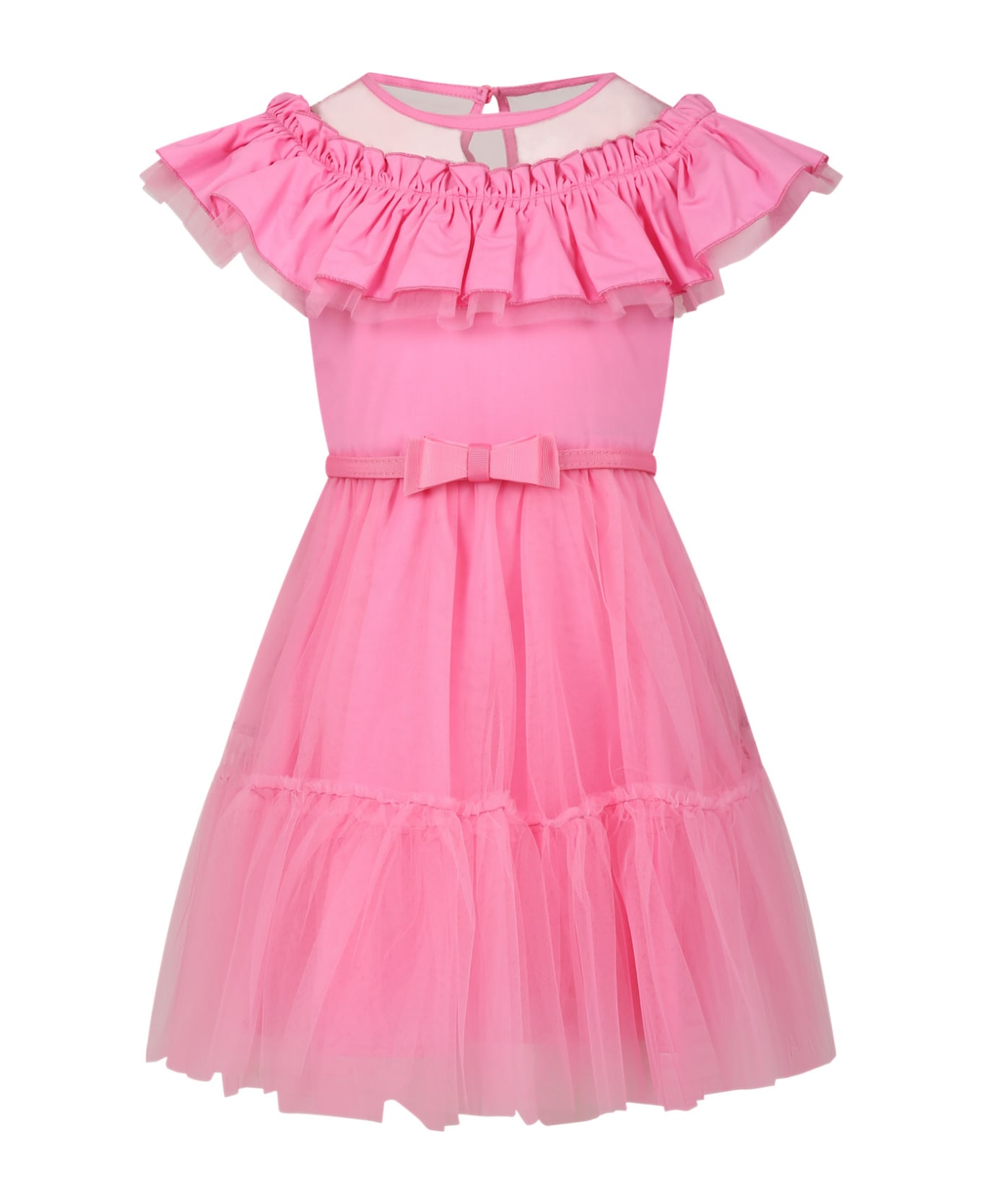 Monnalisa Pink Dress For Girl With Tulle And Ruffles - Pink