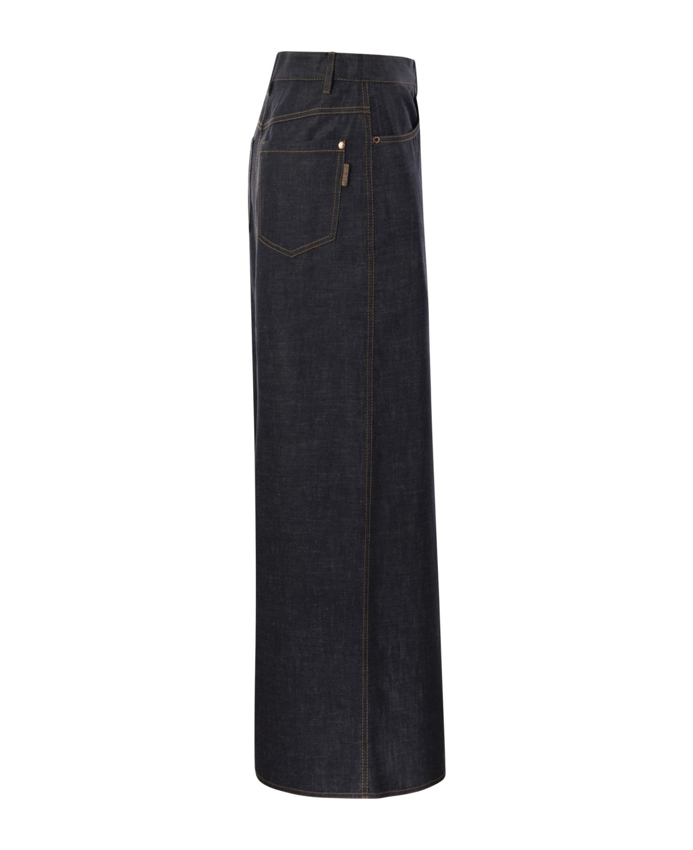 Brunello Cucinelli Long Five-pocket Skirt In Wet-effect Light Denim With Shiny Tab - Dark Denim