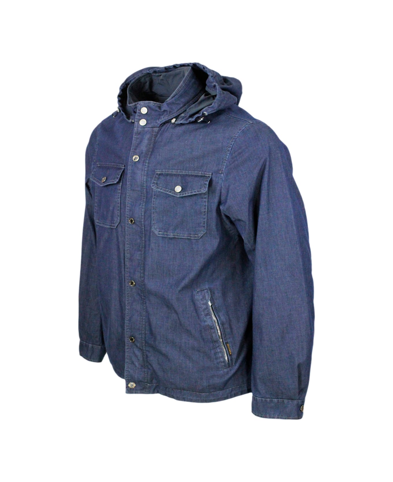 Moorer Anorak Shirt Jacket From The Water Proof Line With 2 Umbrellas With Detachable Hood In Light And Soft Denim-effect Smooth Menbrazed Fabric - Denim