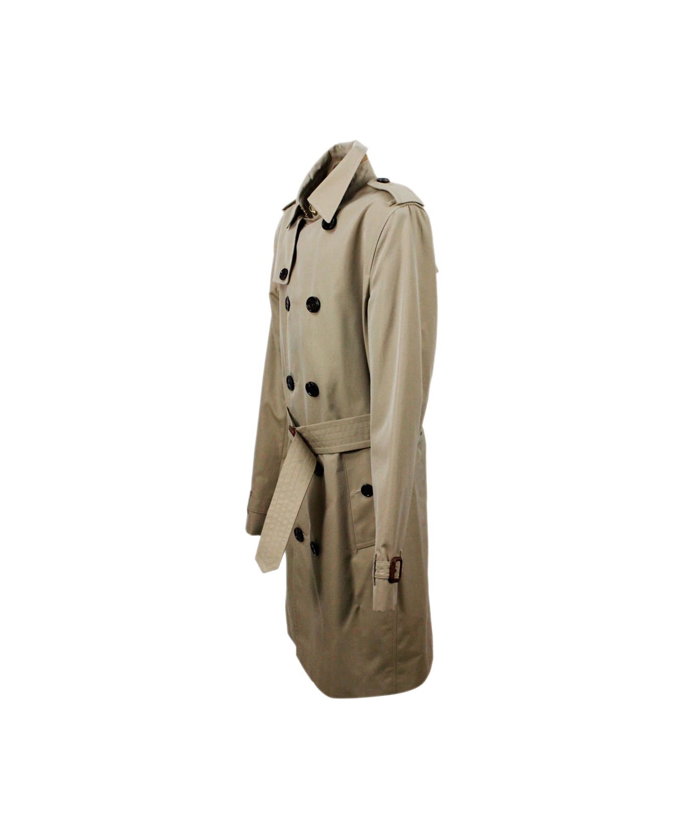 Burberry Trench Coat In Cotton Gabardine With Buttons And Belt With Check Interior - Beige