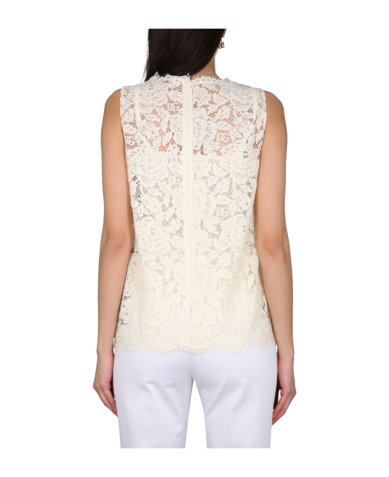 Dolce & Gabbana Logoed Stretch Lace Top - Ivory タンクトップ