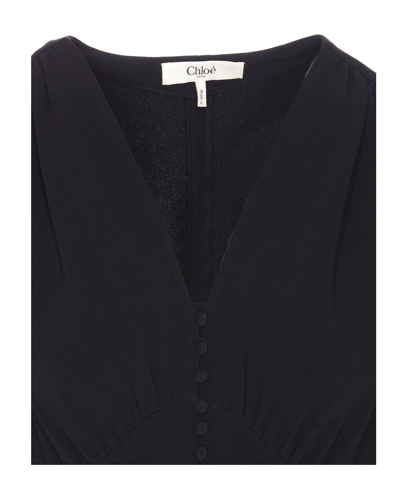 Chloé V-neck Puff Sleeved Mini Dress - Black