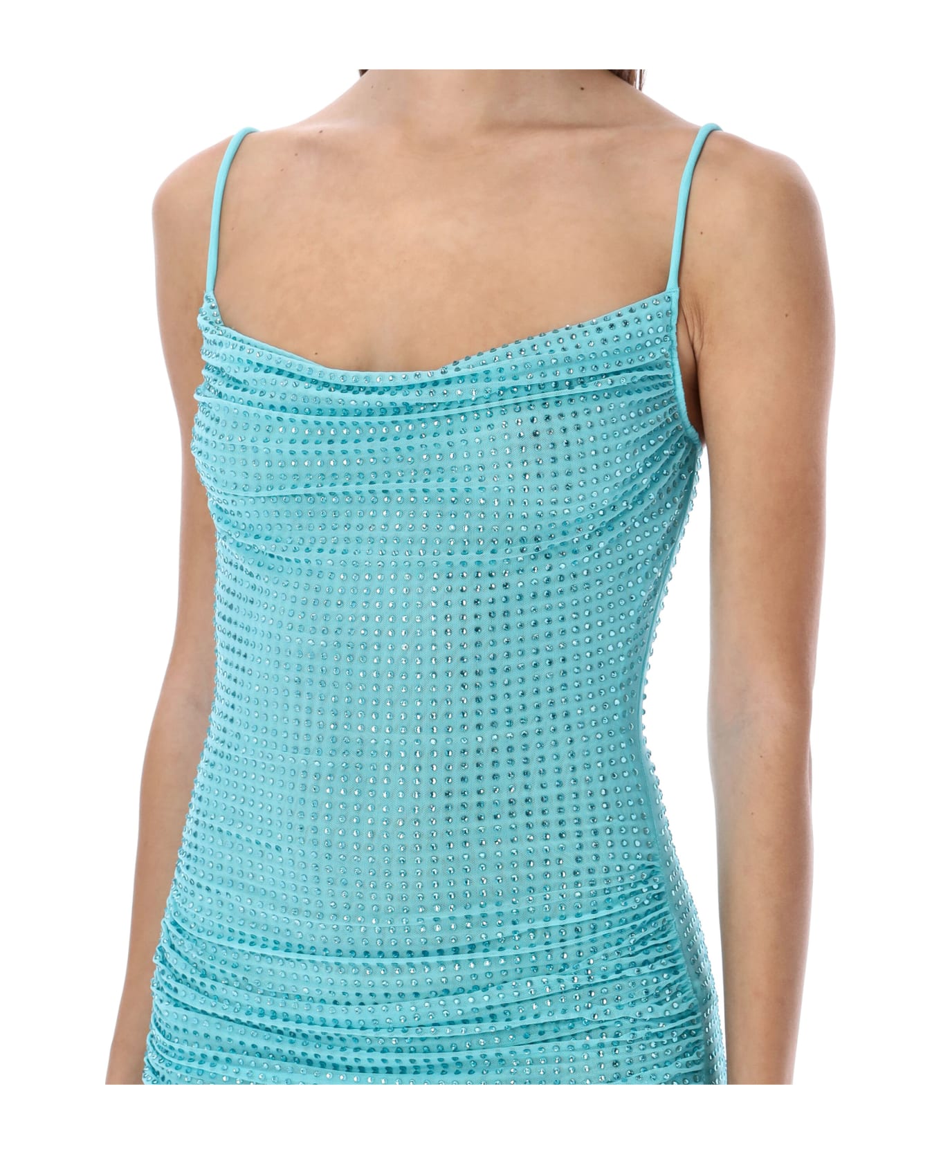 self-portrait Hot Fix Mesh Cowl Mini Dress - BLUE LIGHT