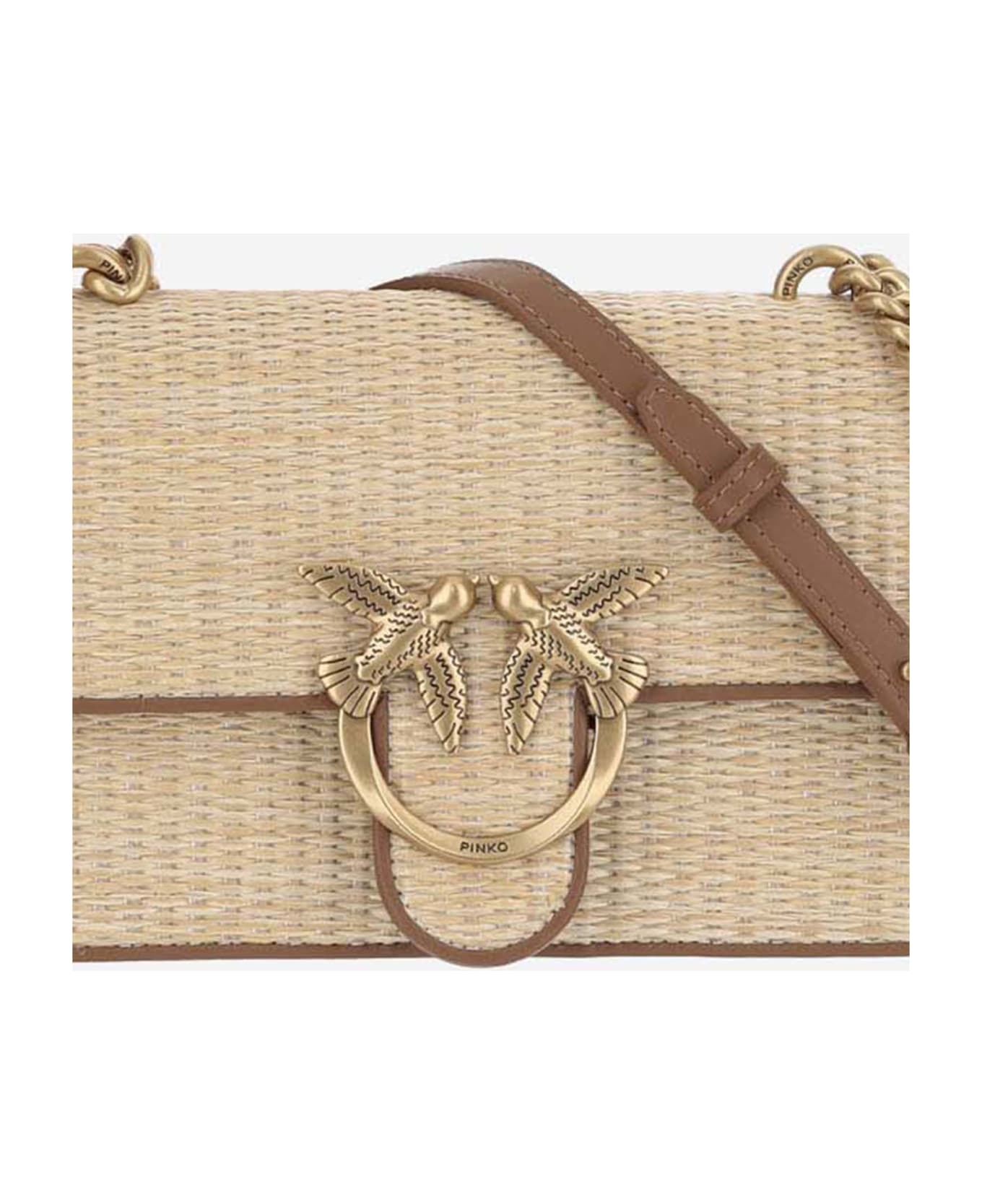 Pinko Mini Love Light Bag In Raffia And Leather - Naturale/cuoio-antique gold