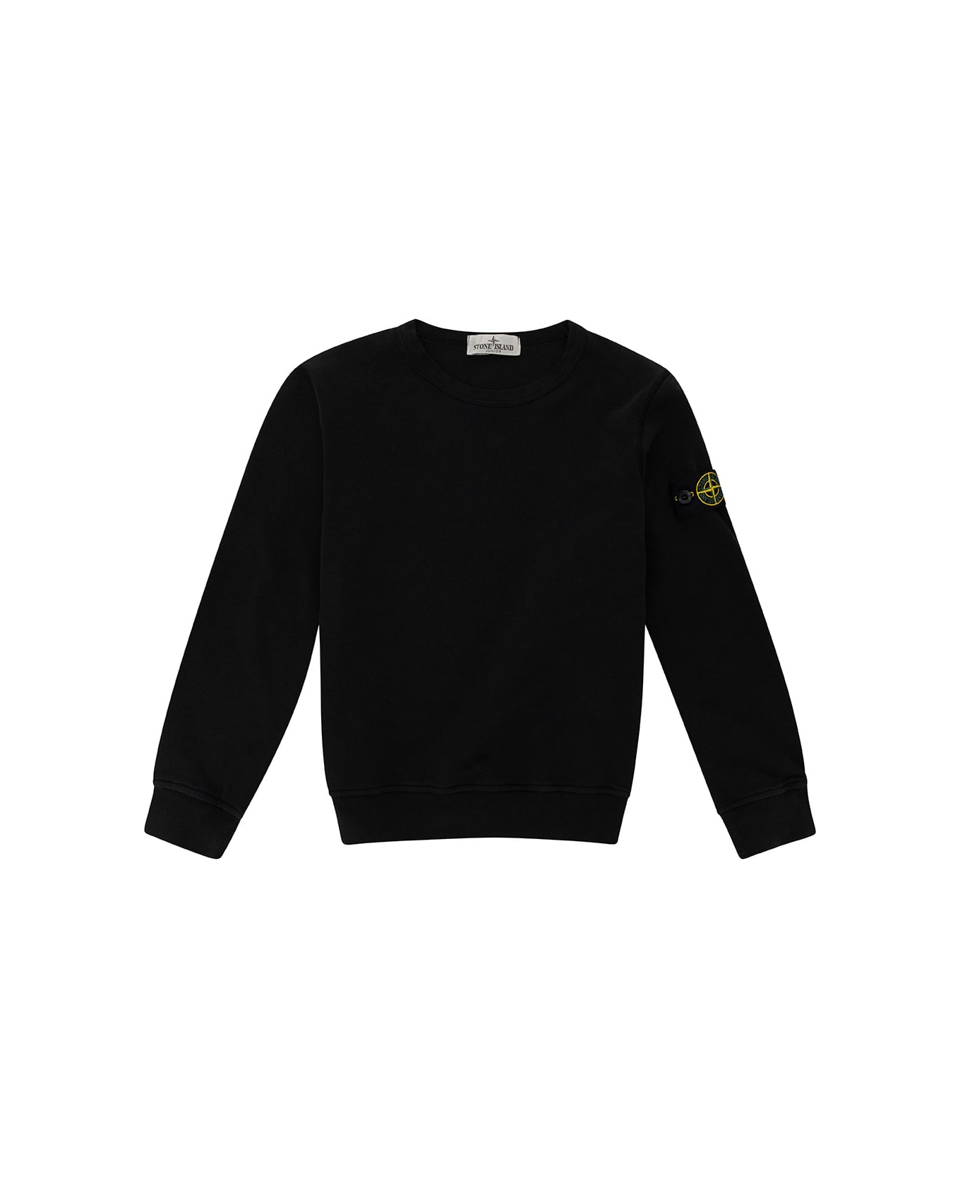Stone Island Black Crewneck Sweatshirt With Logo Patch In Cotton Boy