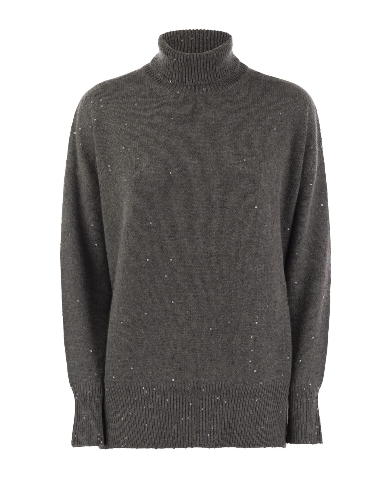 Brunello Cucinelli Cashmere And Silk Turtleneck Sweater With Micro Sequins - Plum