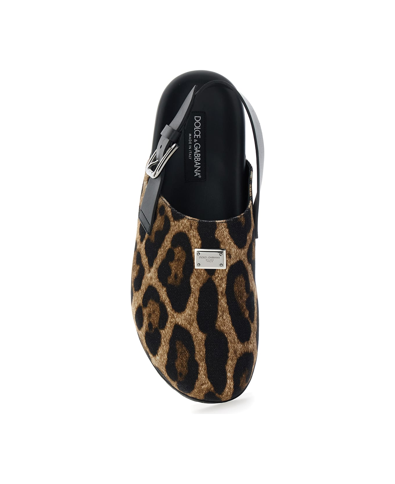 Dolce 
Gabbana Brown Mules With Logo Plaque On The Front And Leopard Motif In Leather And Cotton Blend Man - Brown