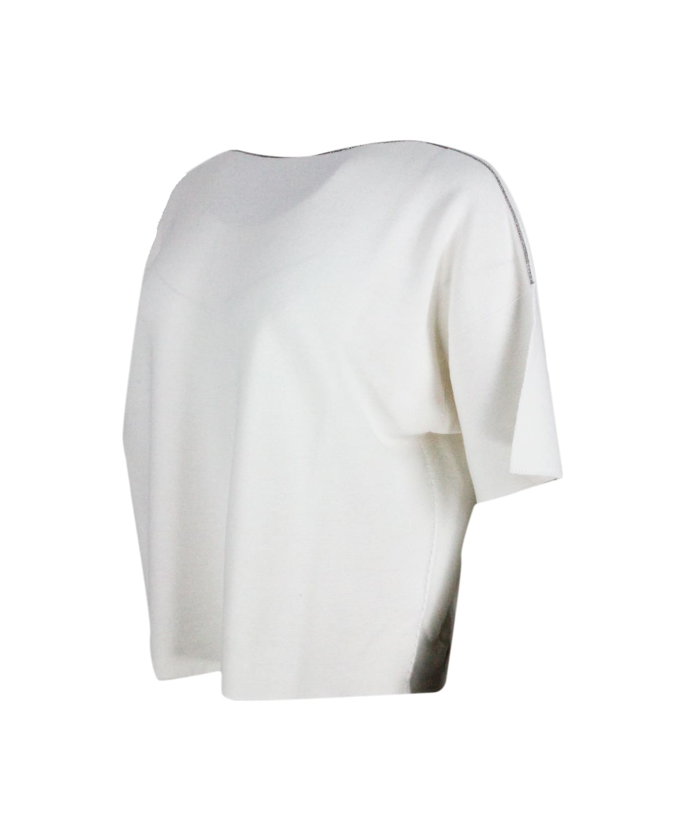 Fabiana Filippi Short-sleeved Cotton Shirt With Horizontal Workmanship With Boat Neckline Embellished With Rows Of Jewels On The Neck - cream ニットウェア