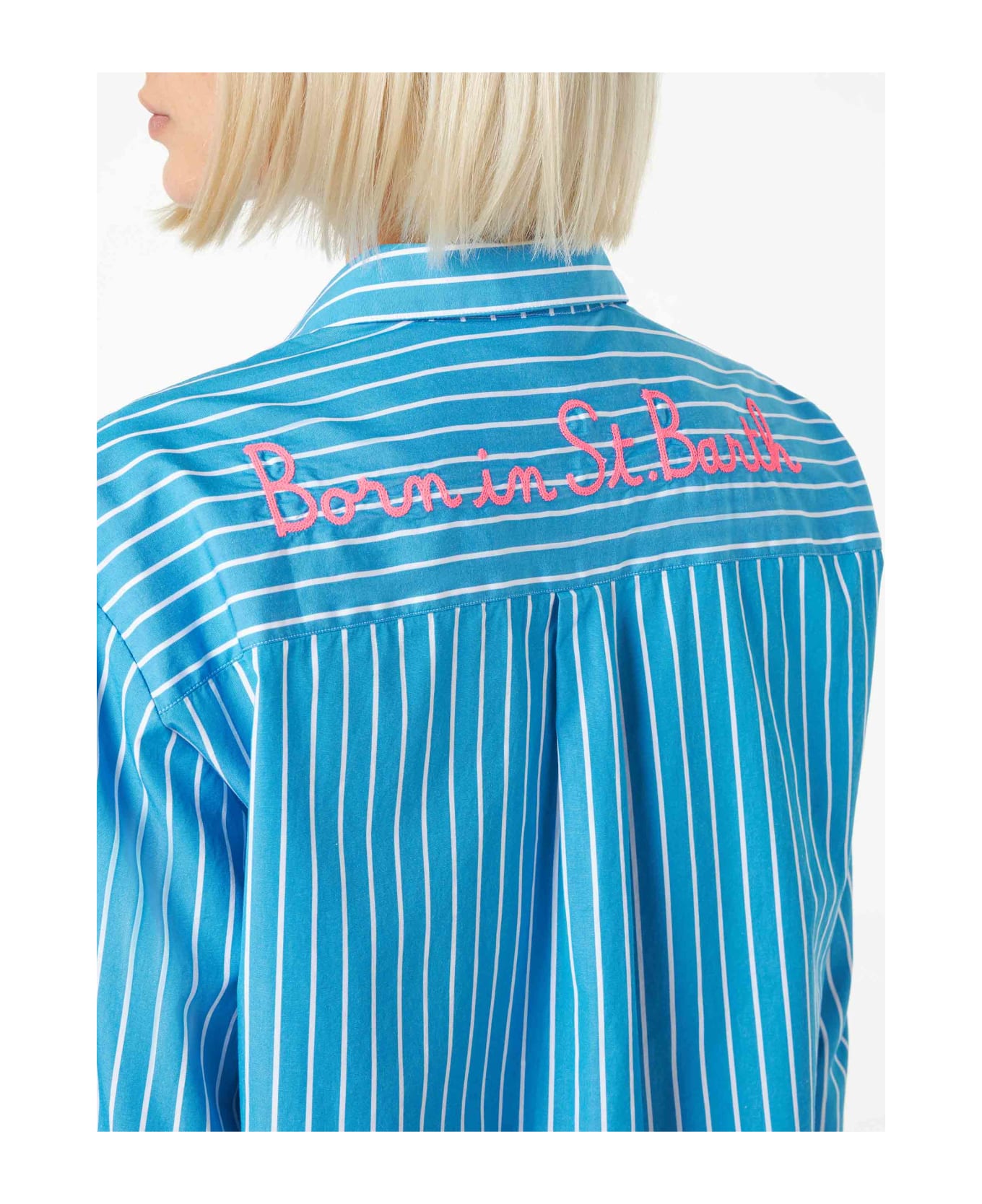 MC2 Saint Barth Striped Cotton Shirt With Born In St. Barth Embroidery - BLUE