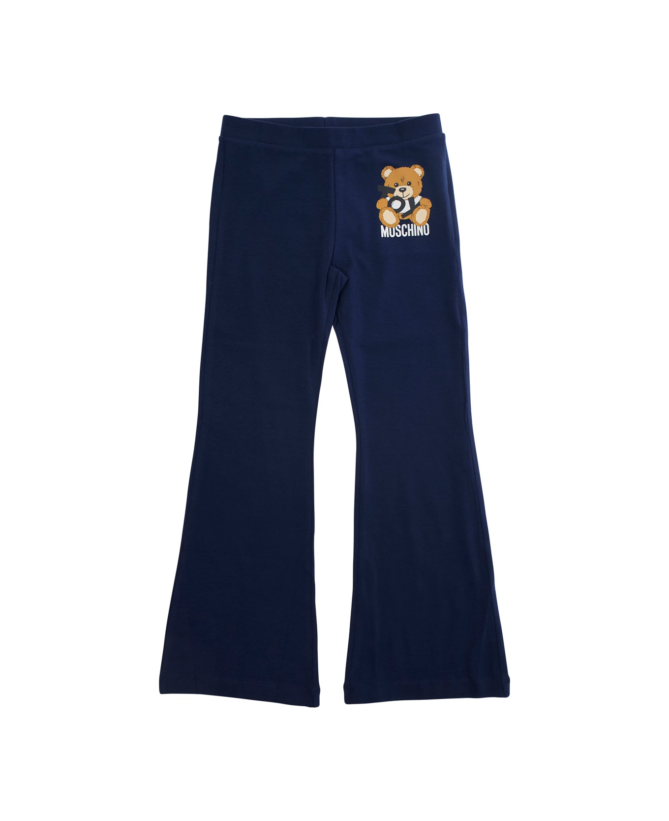 Moschino Blue Pants With Teddy Bear Print On The Front In Cotton Girl - Blu