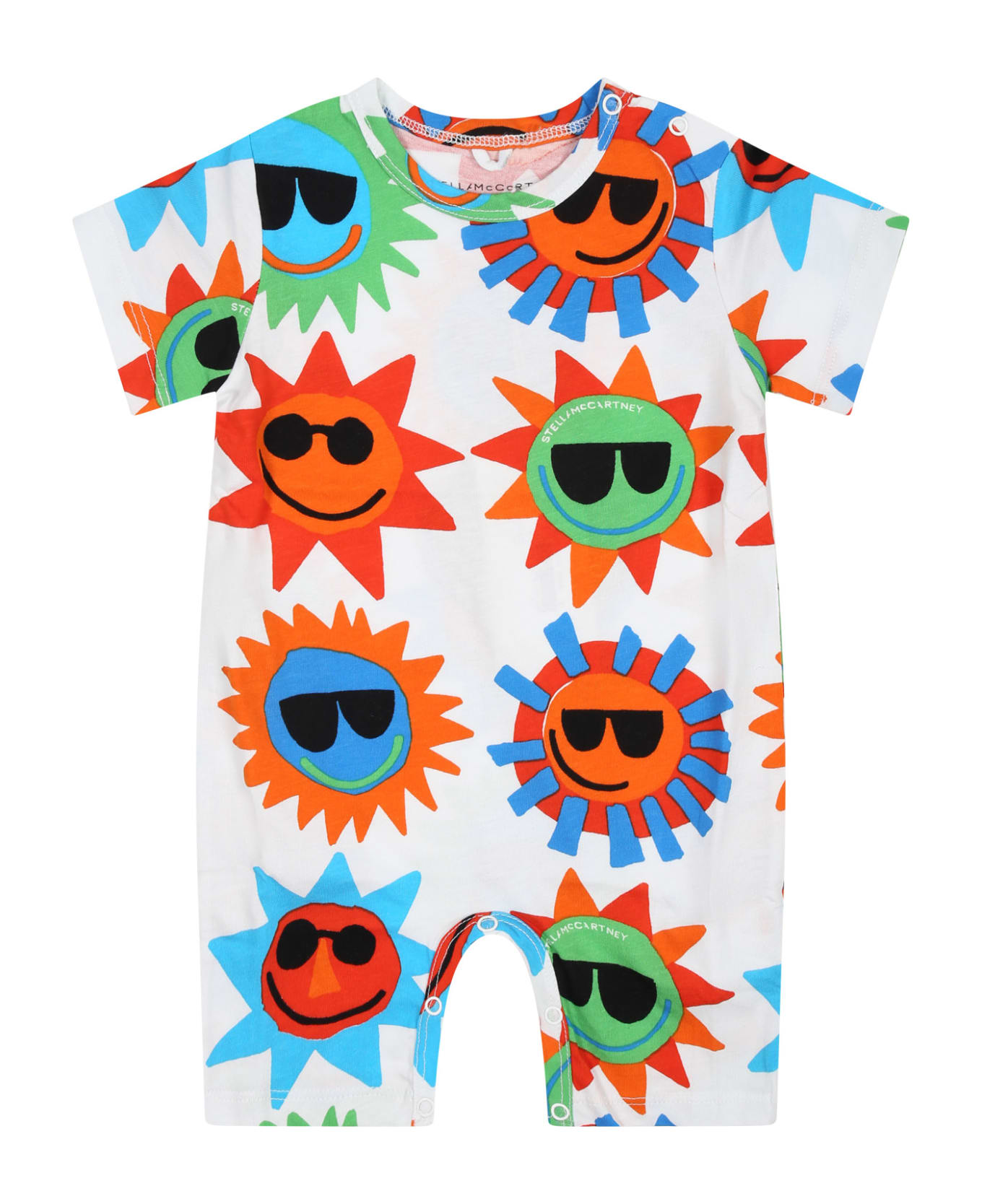 Stella McCartney Kids White Romper For Baby Boy With All-over Multicolor Pattern - White
