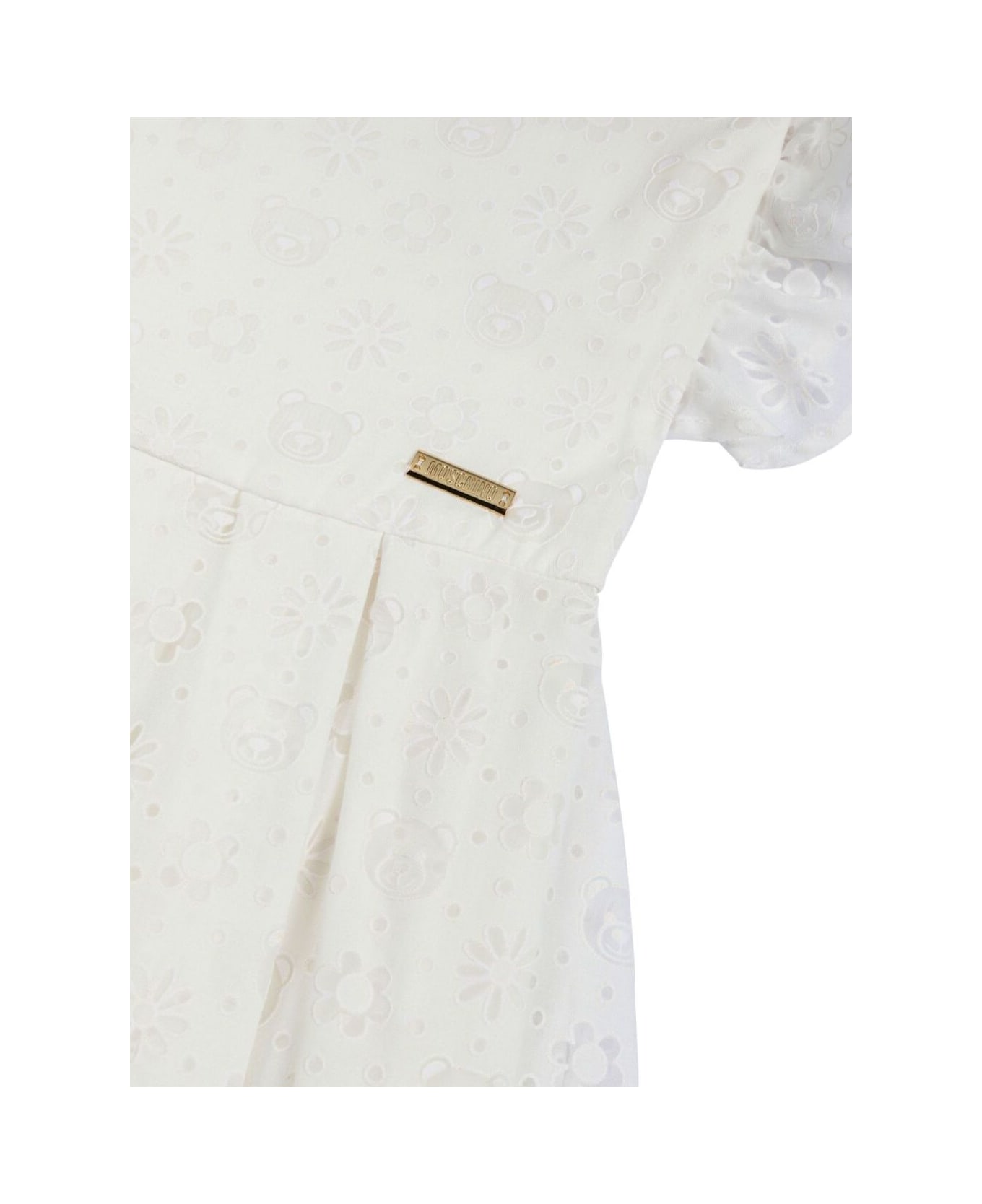 Moschino White Dress With Ruched Sleeves And Logo Plaque On The Front In Viscose Blend Girl - White