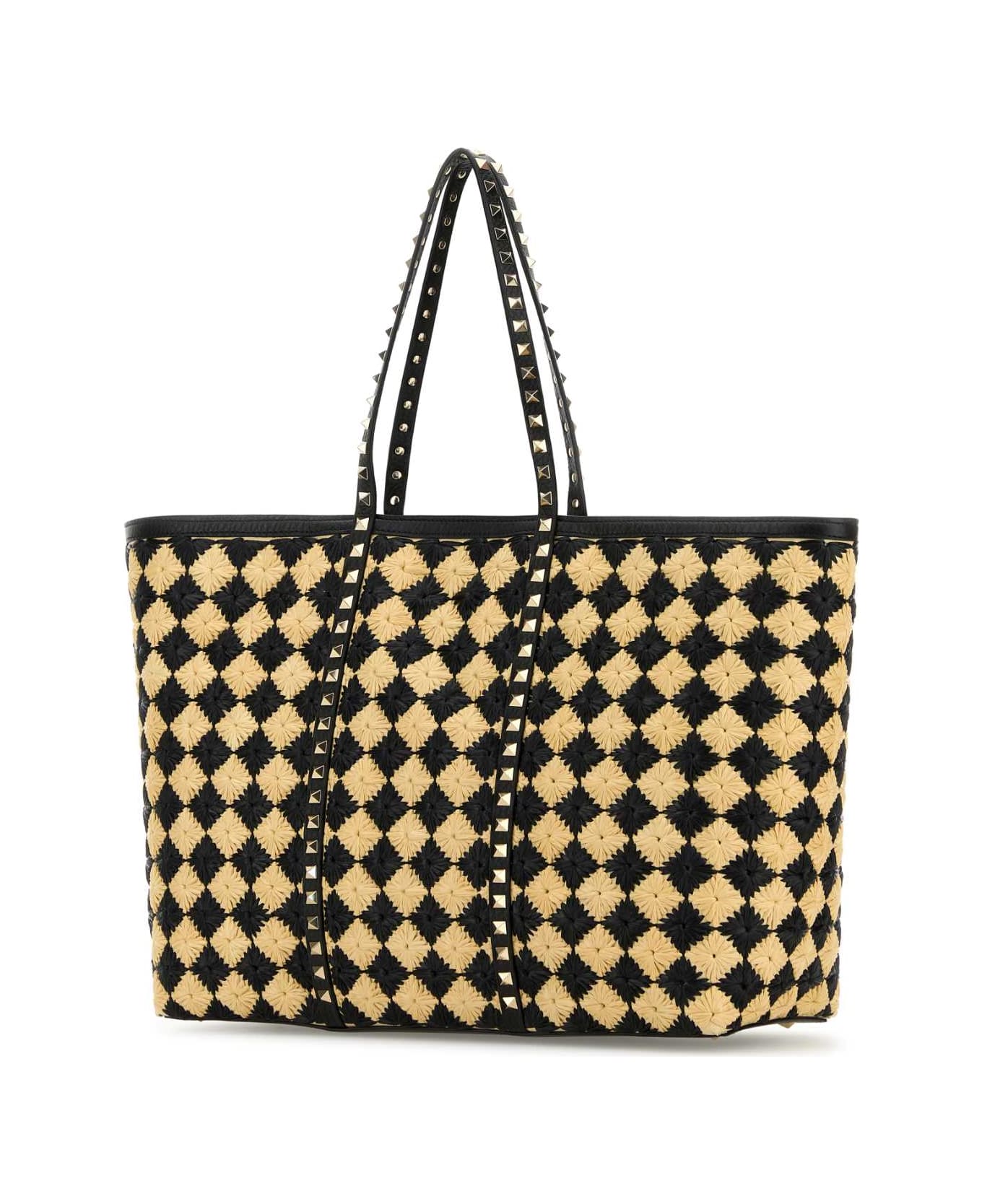 Valentino Garavani Embroidered Raffia Rockstud Shopping Bag - NATURALENERO