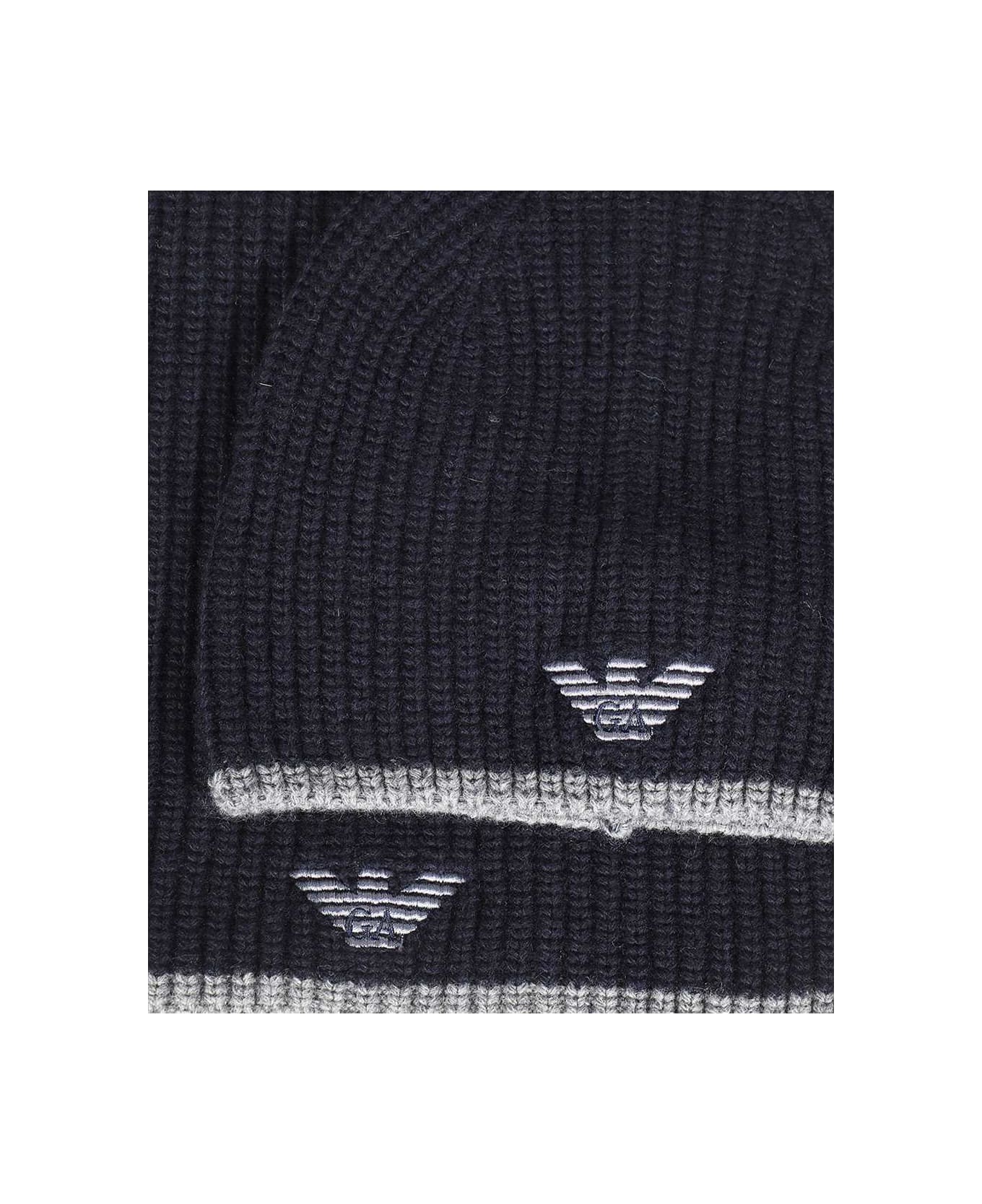 Emporio Armani Knit Beanie And Scarf Set - blue