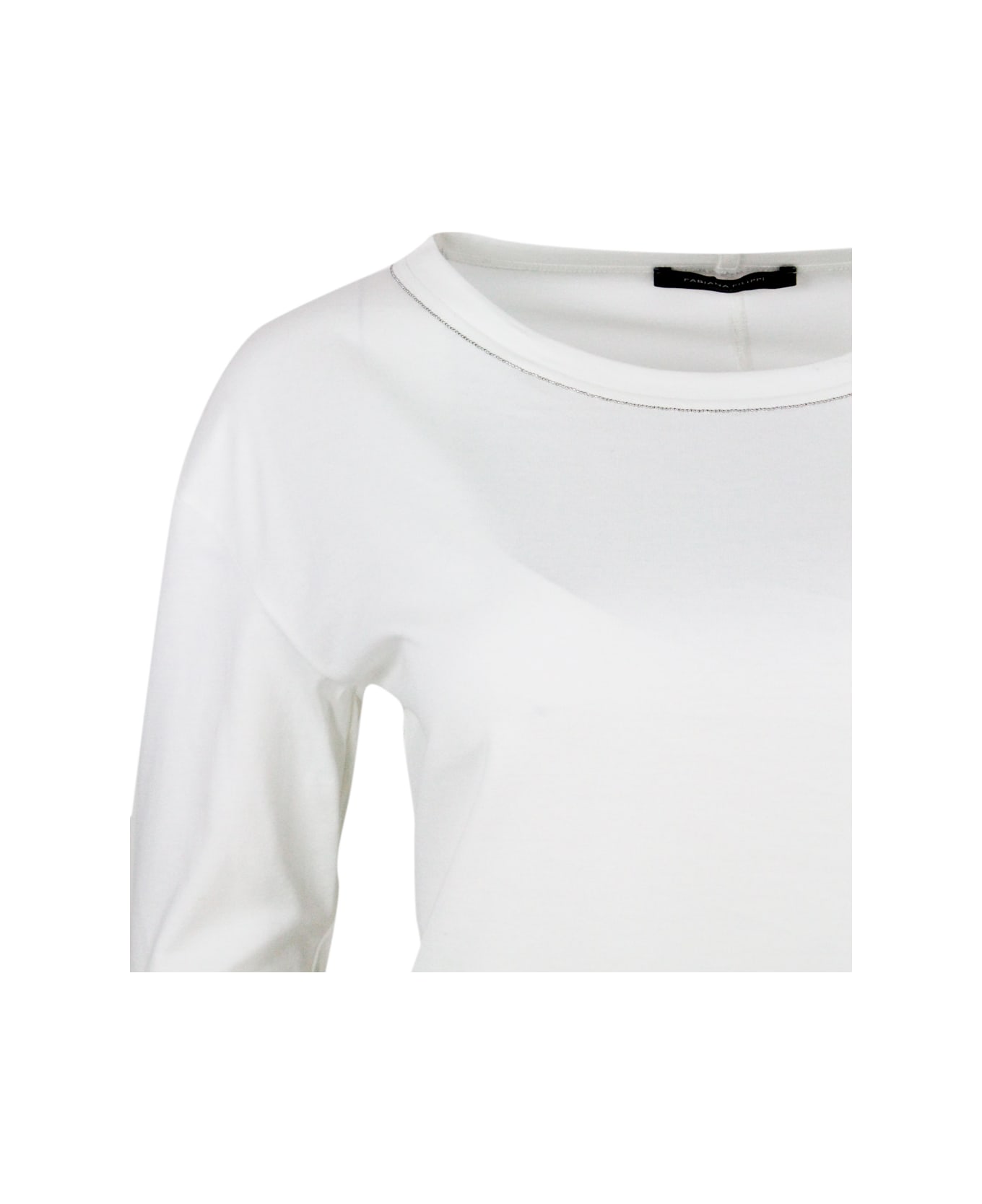 Fabiana Filippi Crew-neck Long-sleeved Cotton Jersey T-shirt Embellished With Rows Of Monili On The Neck - White