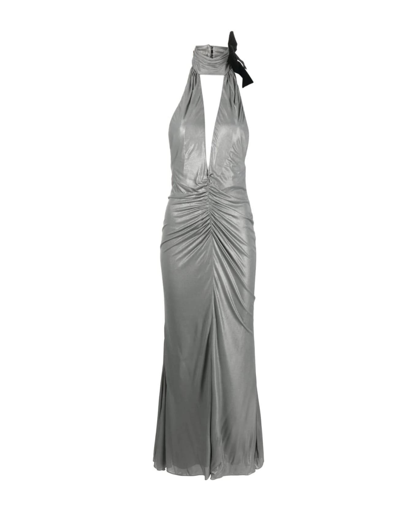 Alessandra Rich Laminated Jersey Evening Dress With Halterneck - Silver ワンピース＆ドレス