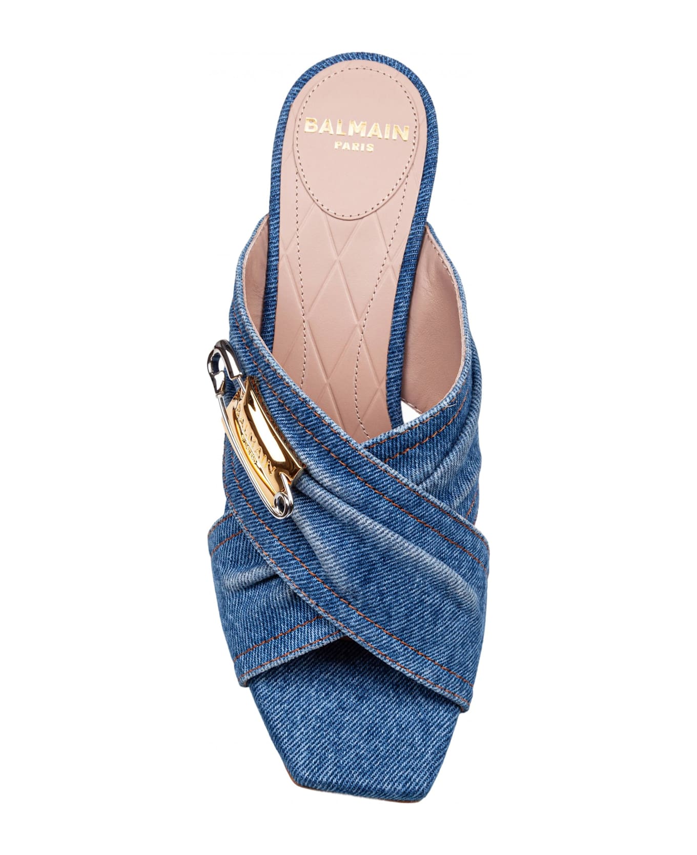 Balmain Safety Mule In Denim Fabric With Applied Pin - Blue/Yellow