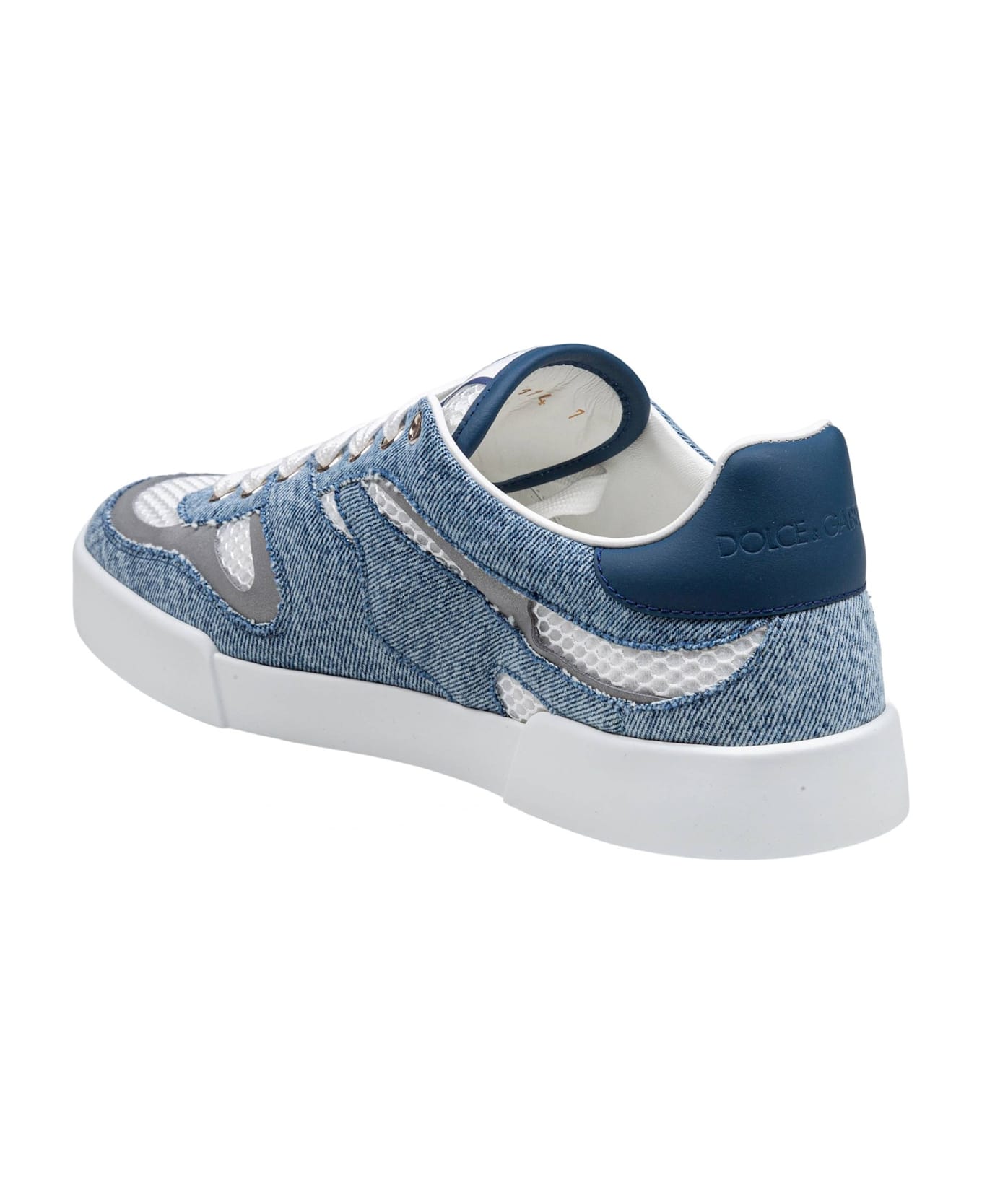 Dolce & Gabbana Portofino Strobel Light Sneakers In Technical Mesh Denime White And Jeans - White/Silver