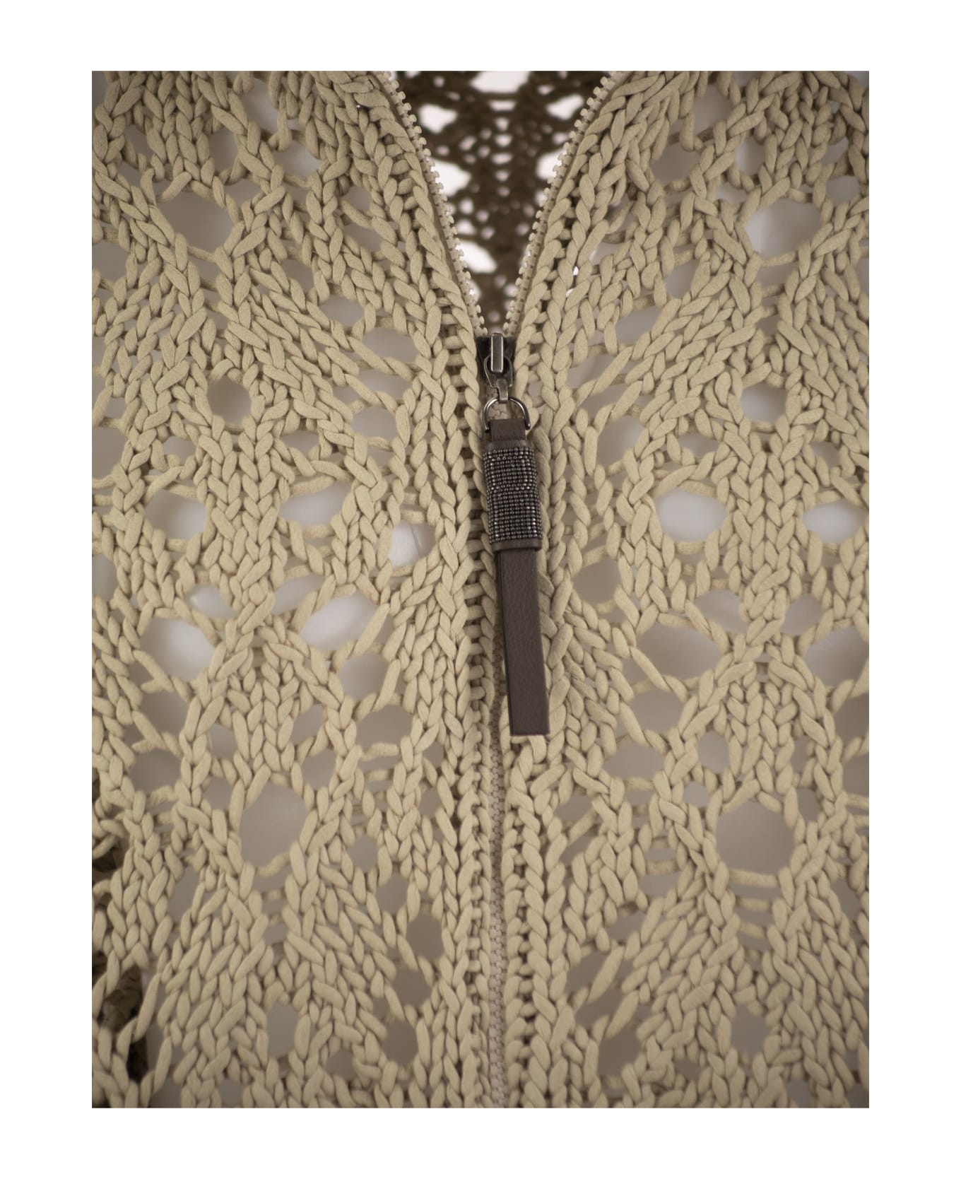 Brunello Cucinelli Soft Feather Cotton Lace Stitch Cardigan With Precious Zipper Pull - Beige カーディガン