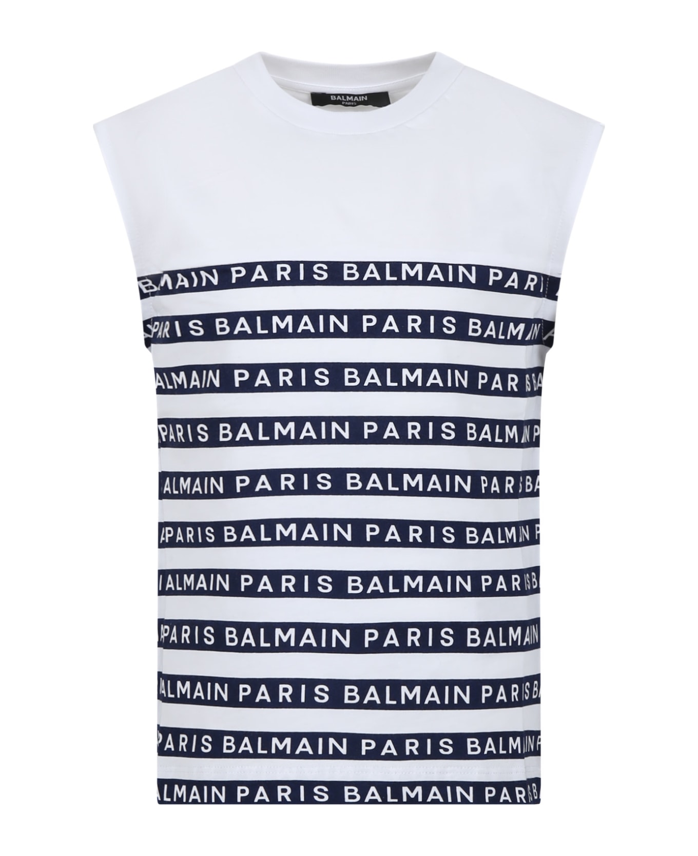 Balmain White Sleveless T-shirt For Kids With Blue Stripes And Logo - White