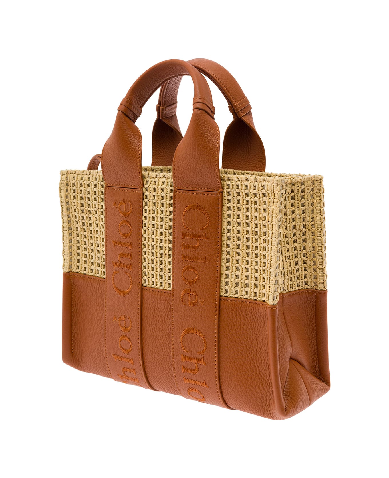 Chloé Woody Small Tote Bag In Leather And Raffia With Embroidered Logo - Brown