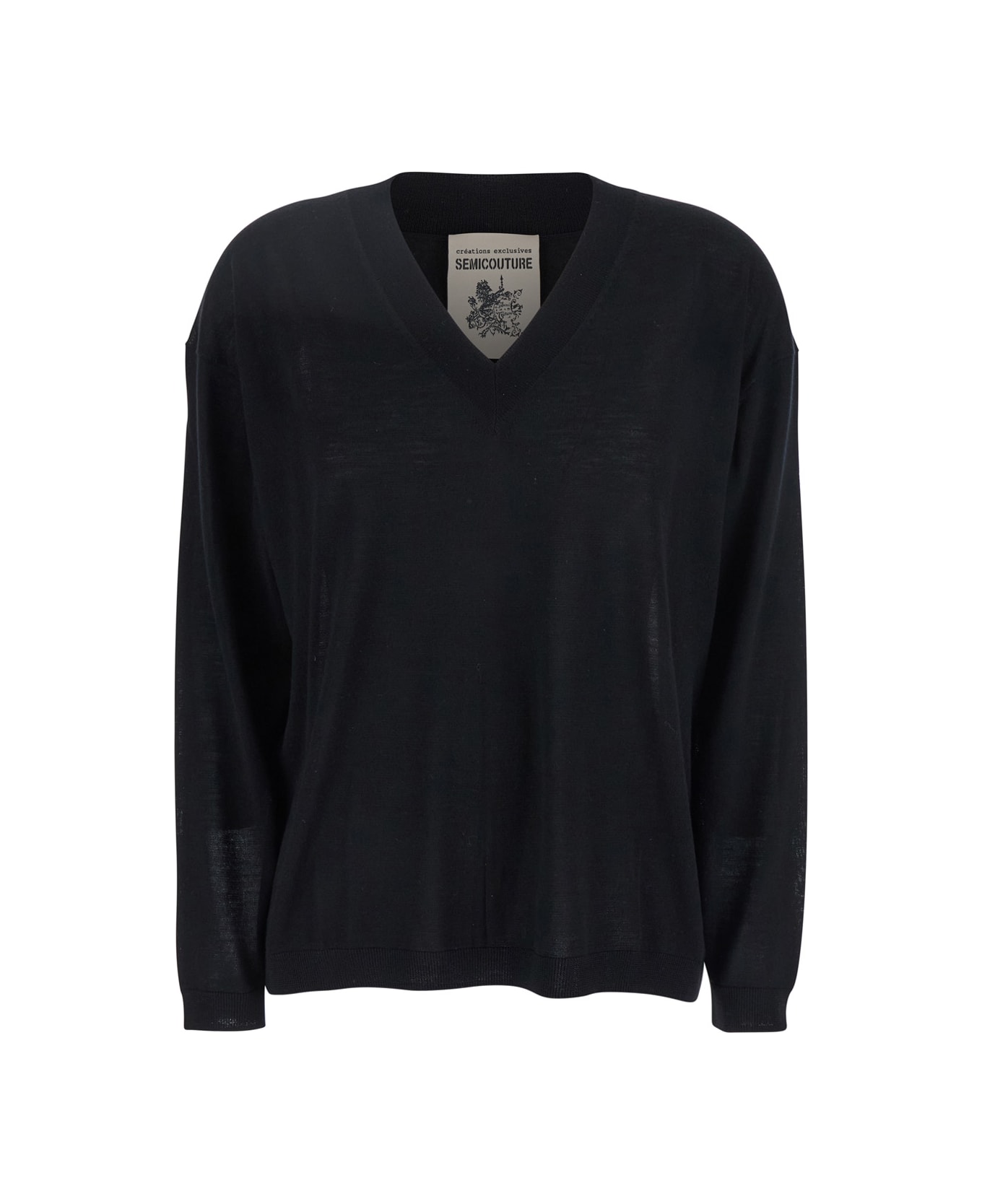 SEMICOUTURE Black Sweater With V-neck And Logo Embroidered On The Side In Virgin Wool Woman - Black