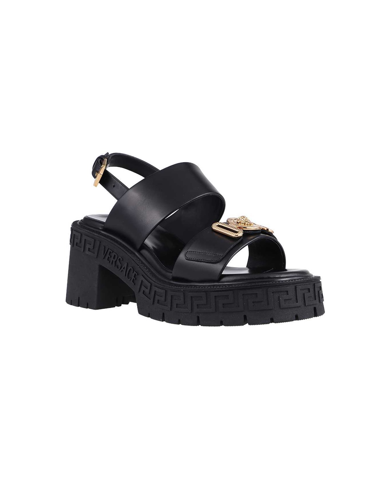 Versace Logo Detail Leather Sandals - black