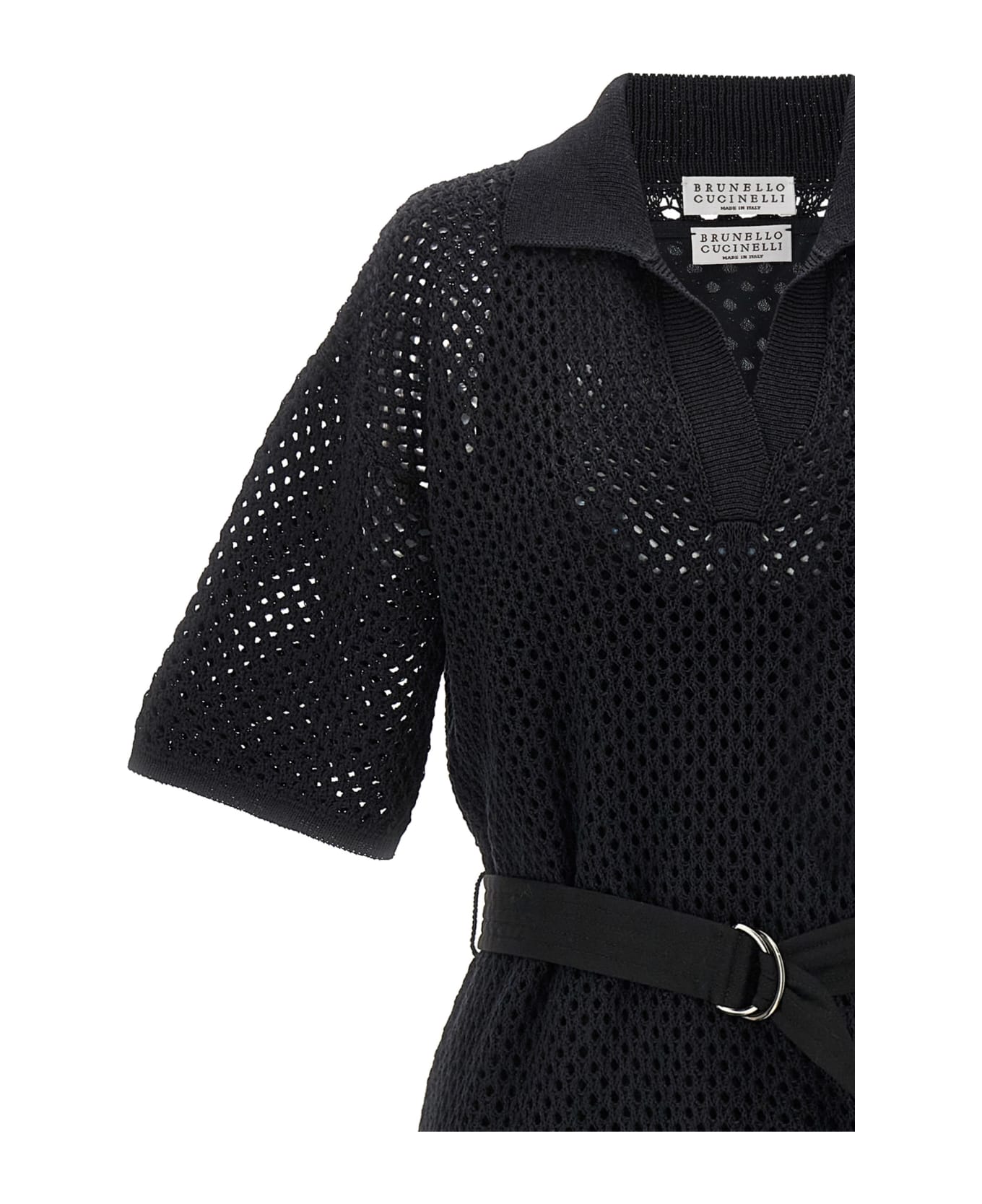Brunello Cucinelli Openwork Cotton Knit Polo Dress - Black