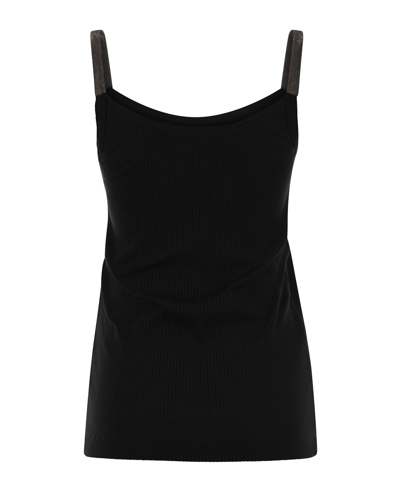Brunello Cucinelli Stretch Cotton Ribbed Jersey Top With Precious Straps - Black