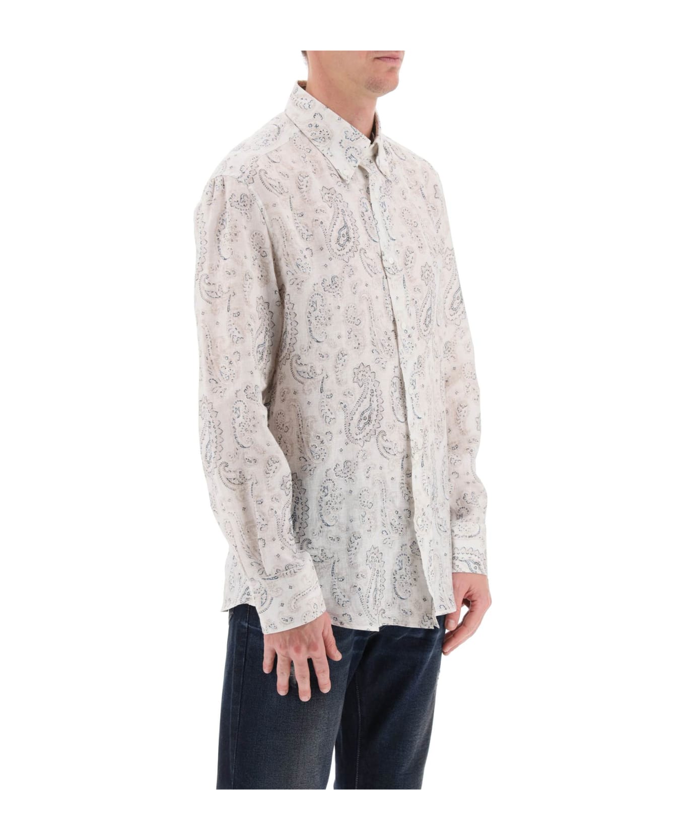 Brunello Cucinelli Linen Shirt With Paisley Pattern - BROWN PRUSSIA (White)
