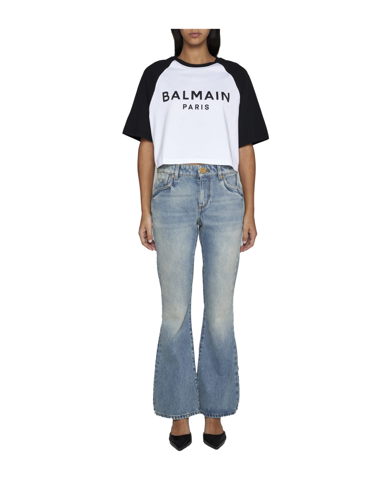 Balmain Printed Raglan Cropped T-shirt - Blanc/noir