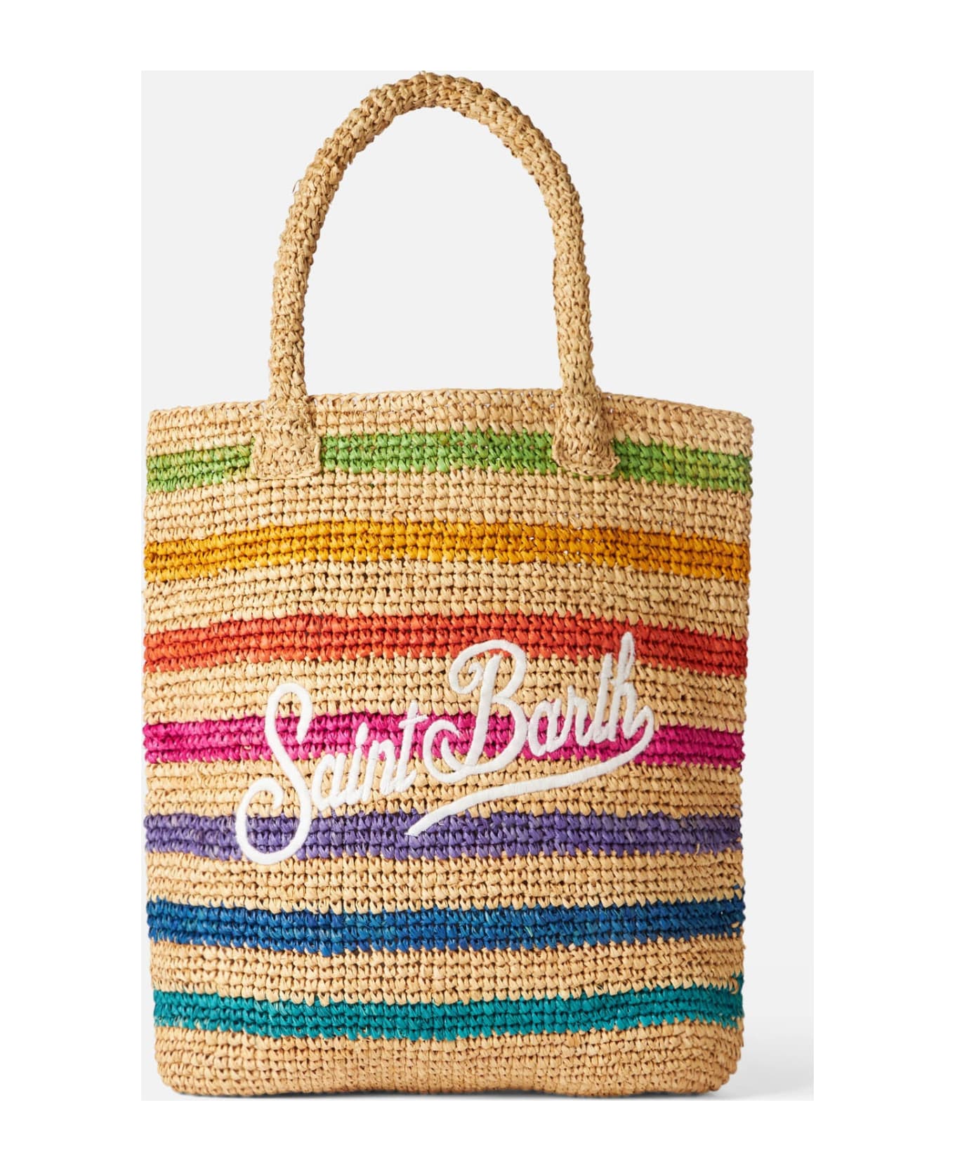 MC2 Saint Barth Raffia Bucket Bag With Multicolor Stripes And Embroidery - MULTICOLOR