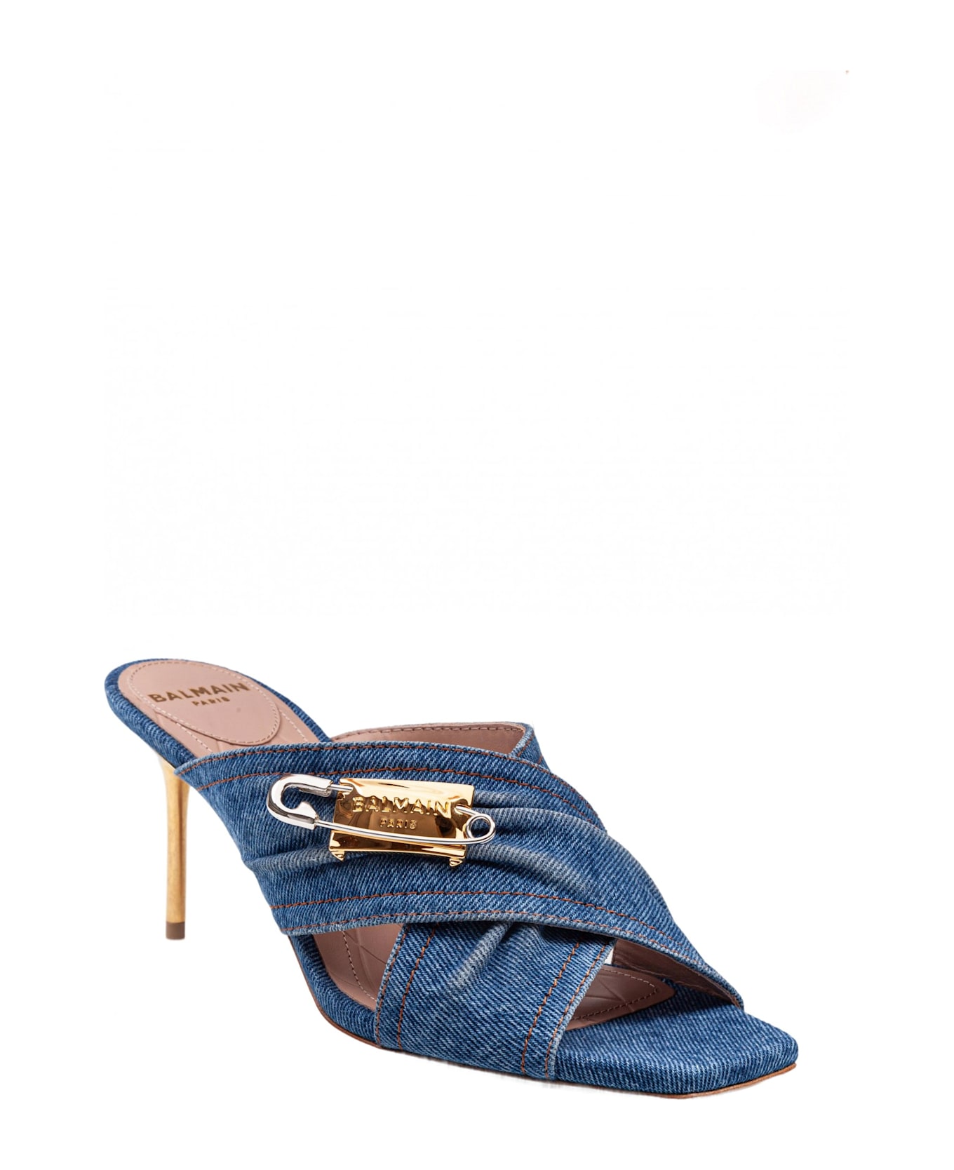 Balmain Safety Mule In Denim Fabric With Applied Pin - Blue/Yellow