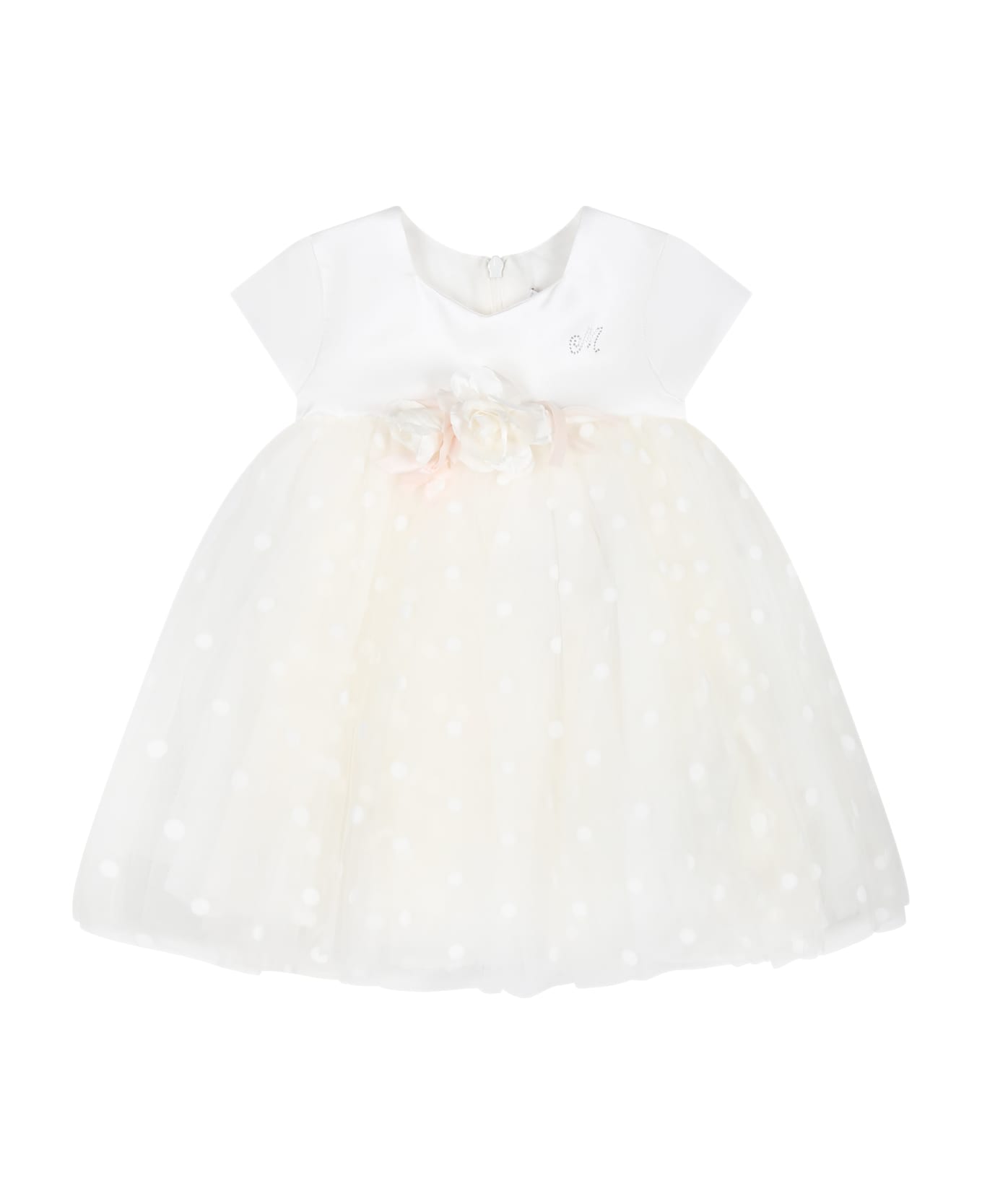 Monnalisa White Dress For Baby Girl With Polka Dots - White