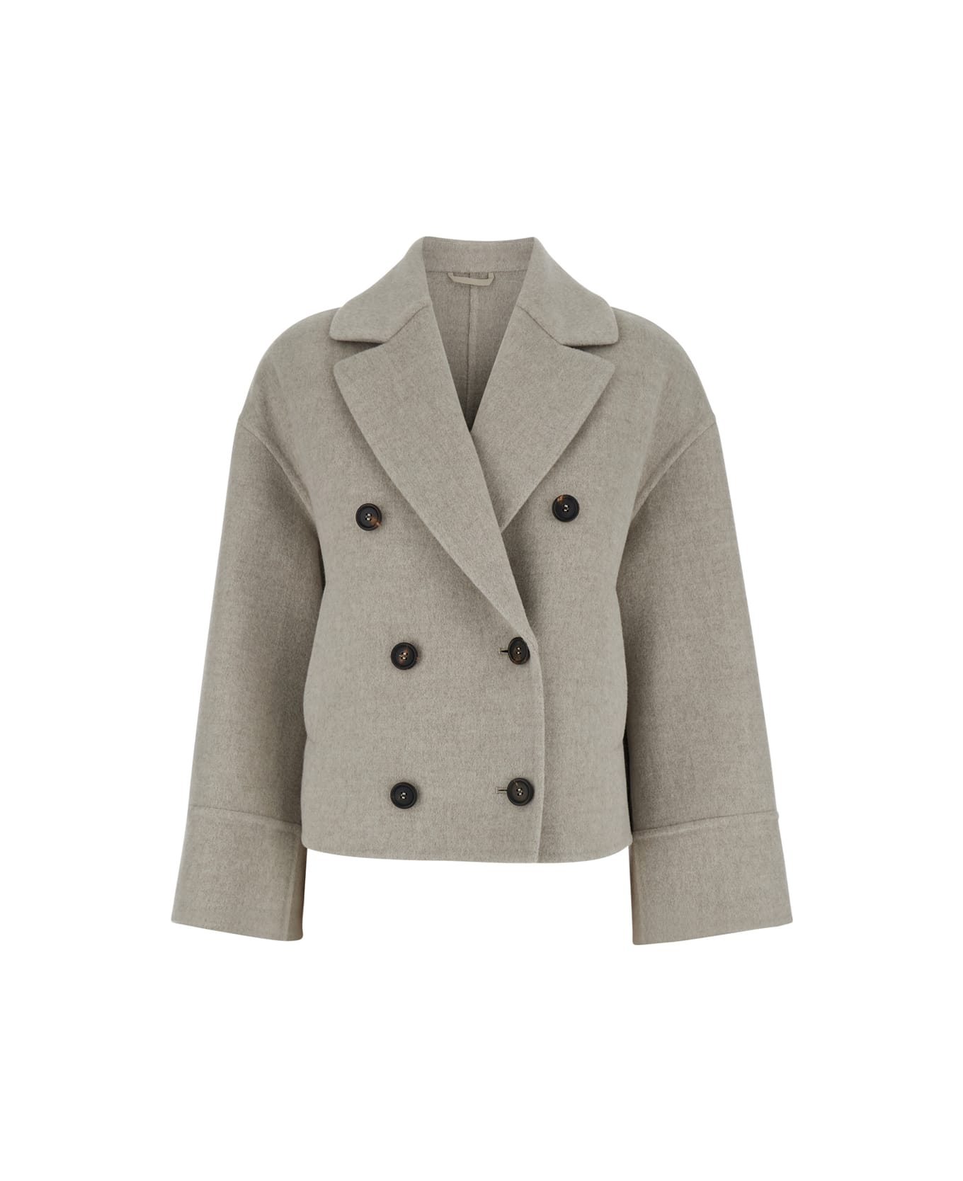 Brunello Cucinelli Beige Double-breasted Short Coat With Wide Revers In Wool And Cashmere Woman - Beige