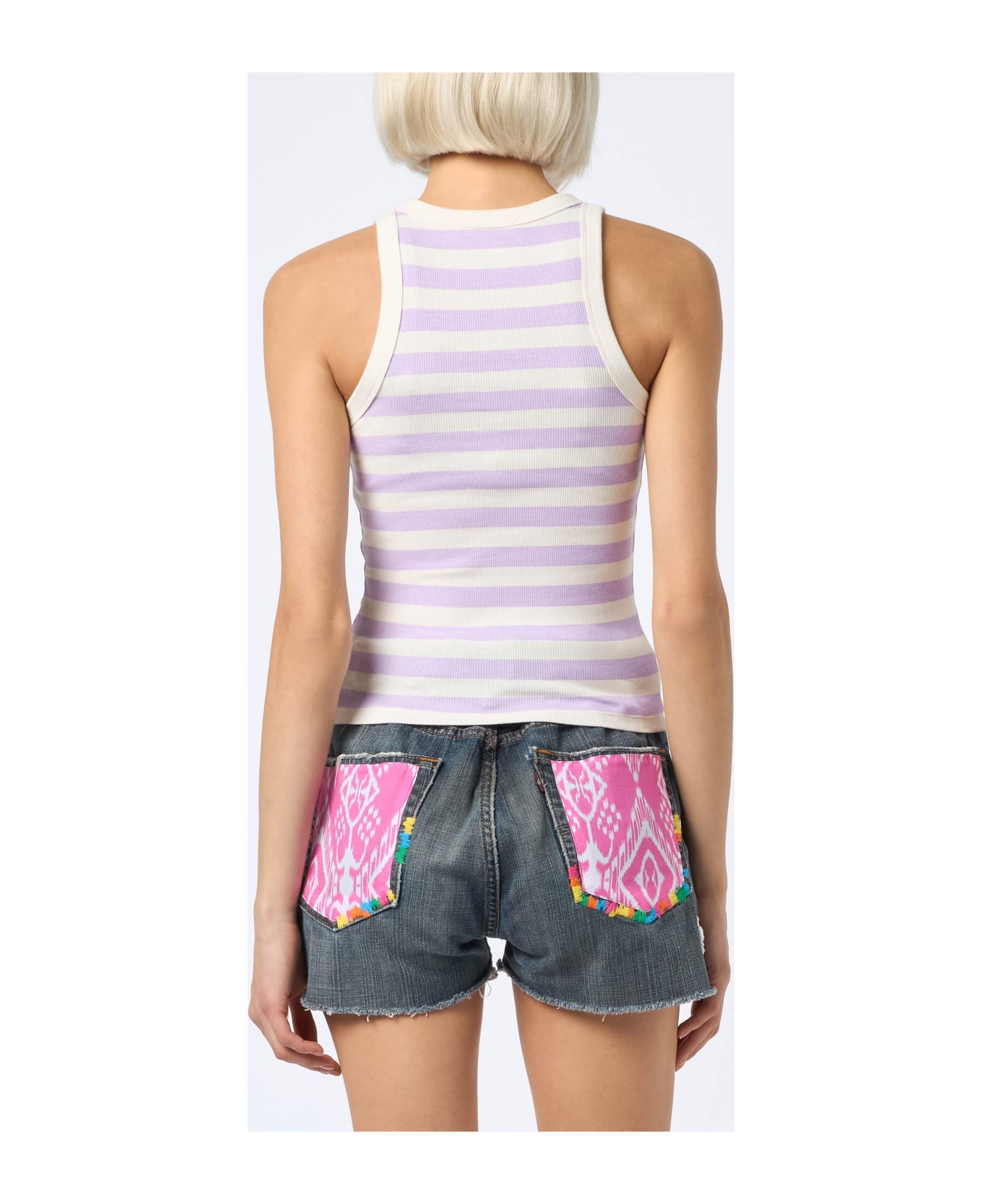 MC2 Saint Barth Woman Rib-knit Lilac And Off-white Striped Cotton Tank Top - PINK