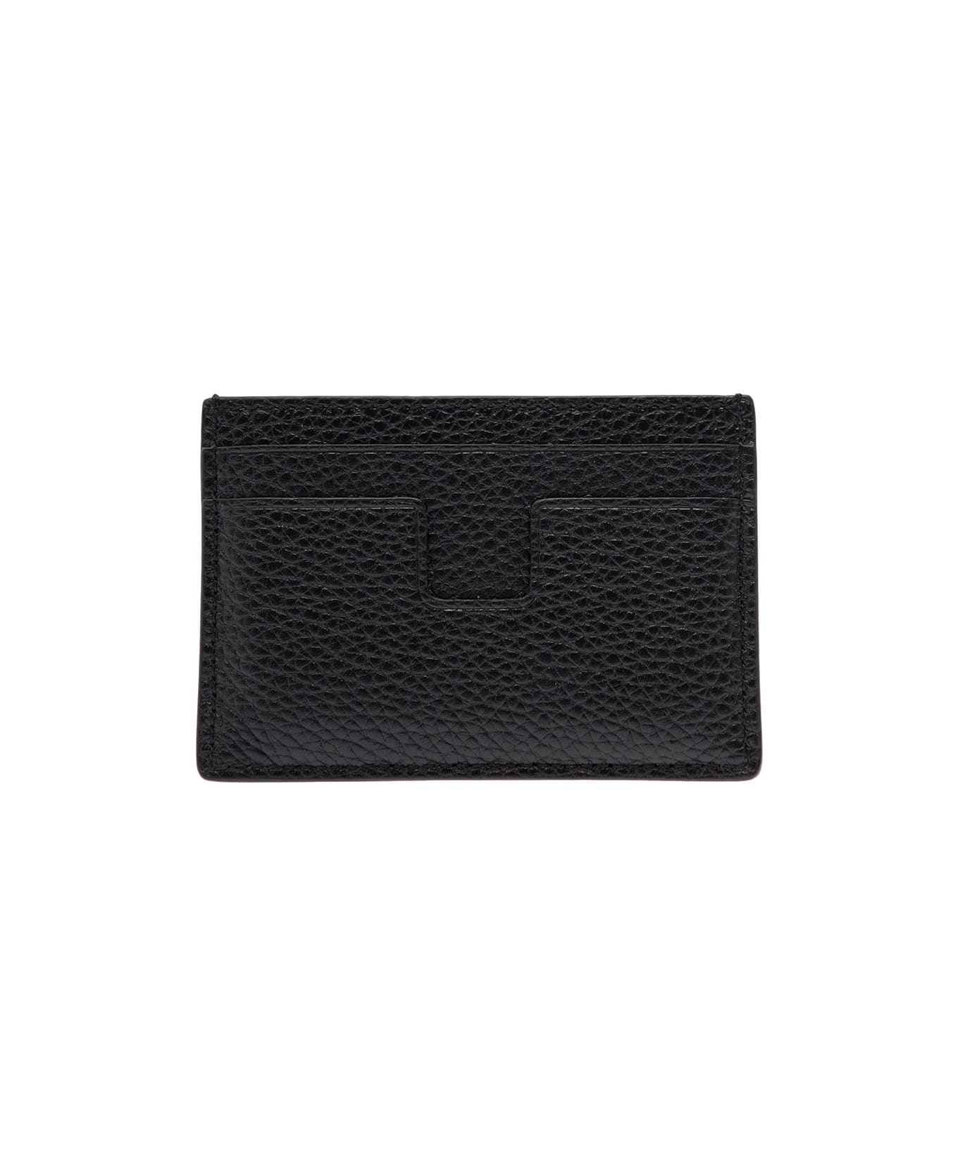 Tom Ford Black T Line Card-holder With Gold-colored Embossed Logo In Grainy Leather Man - Black