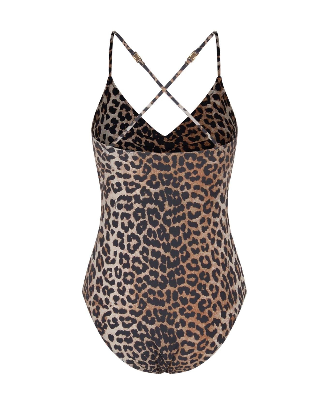 Ganni Leopard Printed V-neck Swimsuit - Marrone