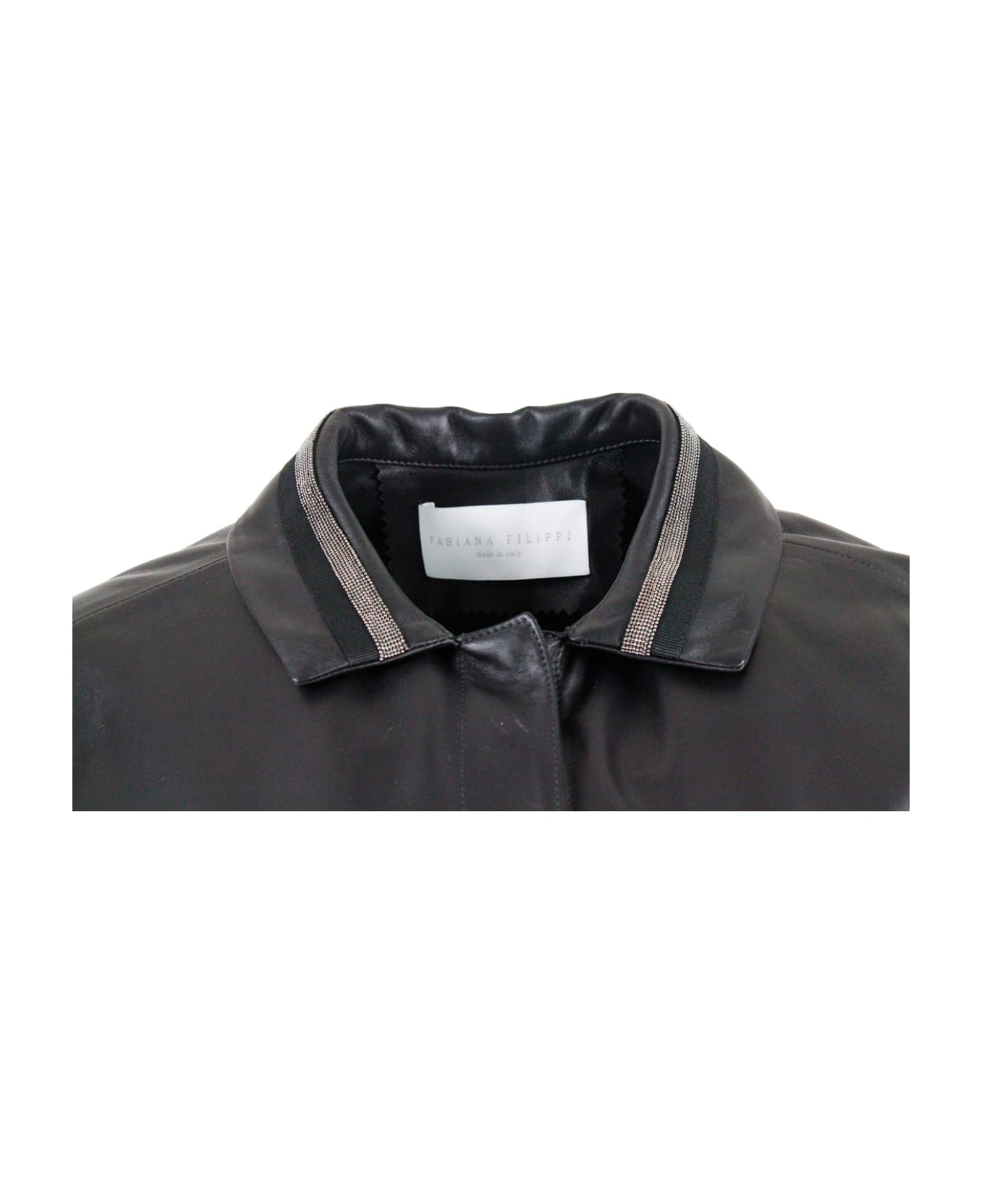 Fabiana Filippi Leather Shirt Jacket With Button Closure, With Belt And With Monile On The Collar - Black