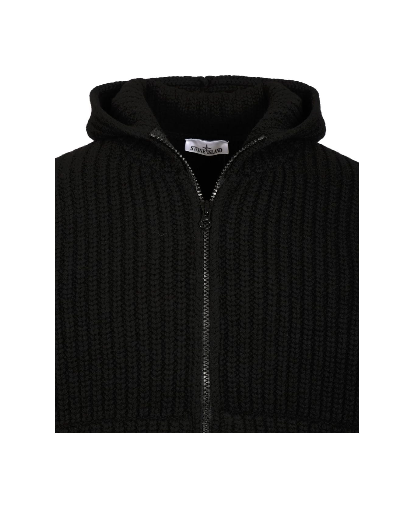 Stone Island Wool And Cashmere Hooded Cardigan - BLACK