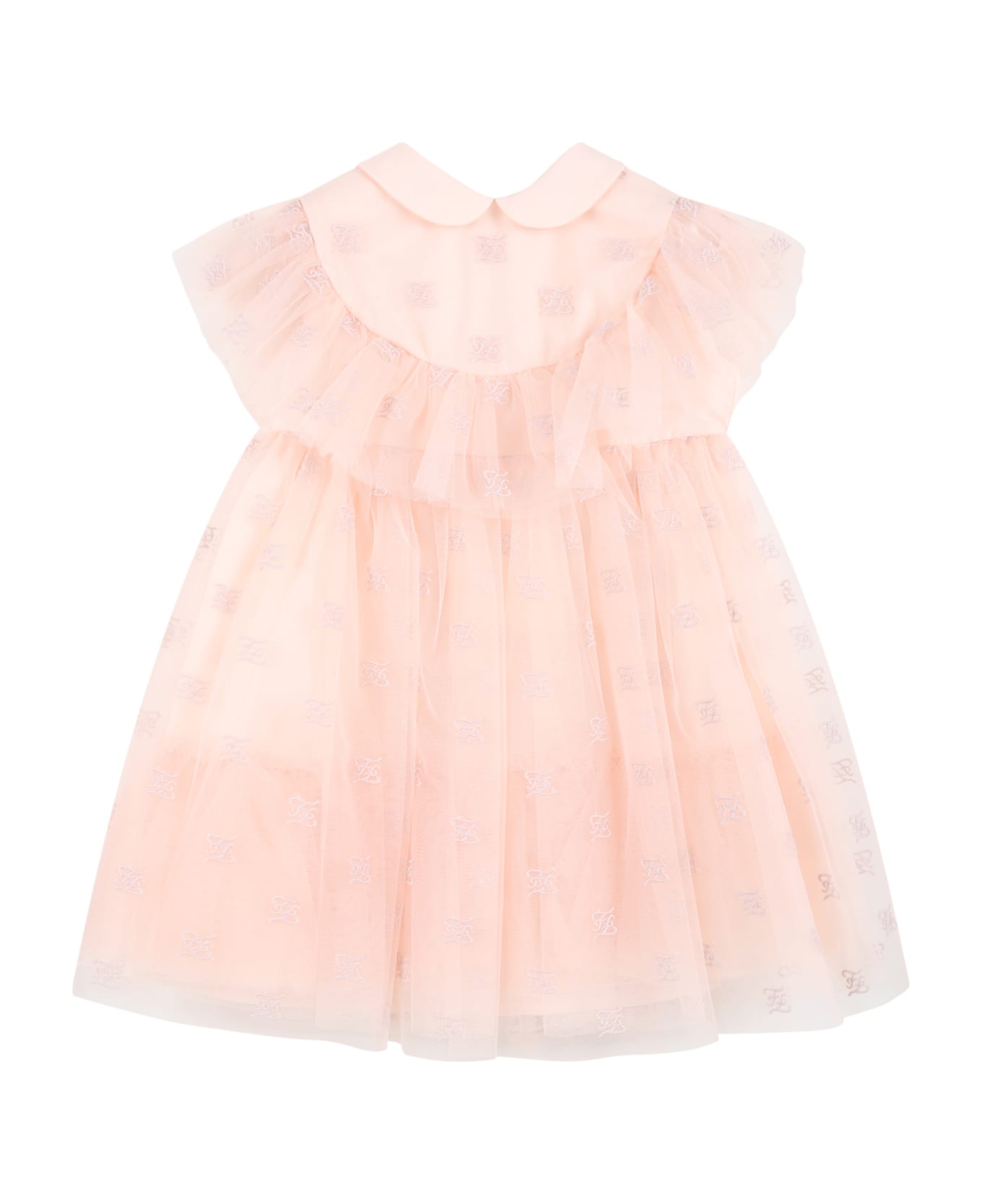 Fendi Pink Dress For Baby Girl With Embroidered Logo - Pink