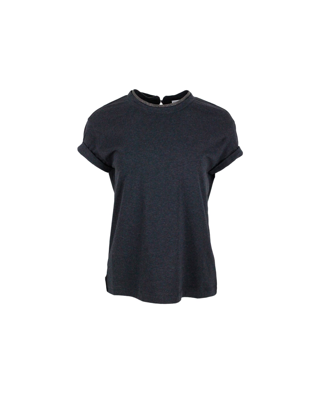 Brunello Cucinelli Short-sleeved T-shirt In Elasticized Stretch Cotton With A Crew Neck Edged With Jewels - Grey Antracite