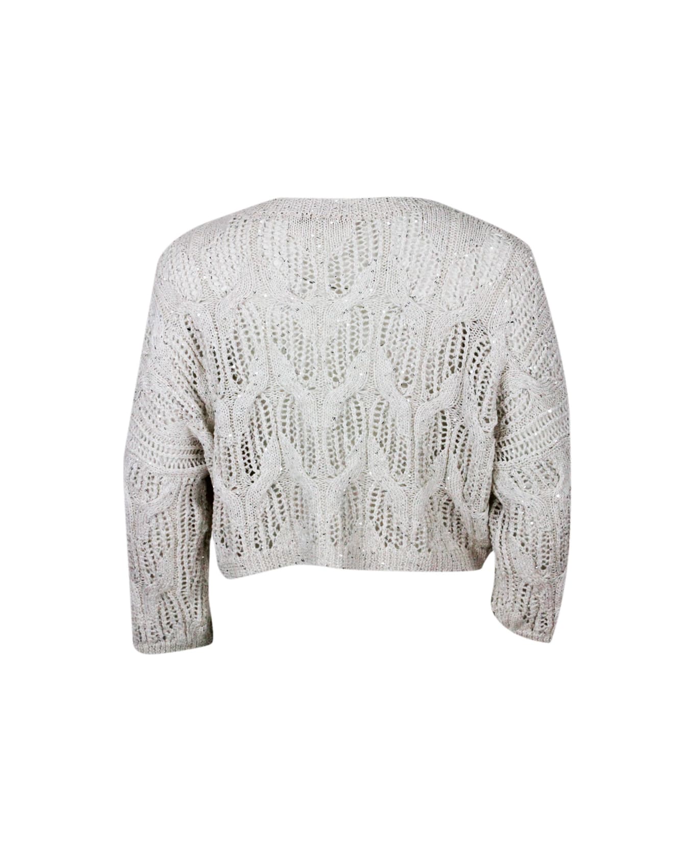 Antonelli Long-sleeved Crew-neck Sweater With Braided Workmanship Embellished With Cotton And Linen Microsequins - Beige