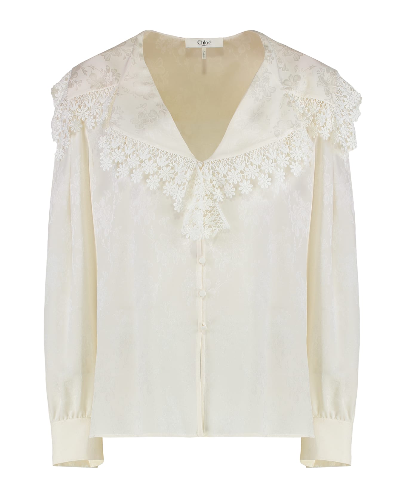 Chloé Blouse With A Maxi Collar In Silk Jacquard And Lace - White
