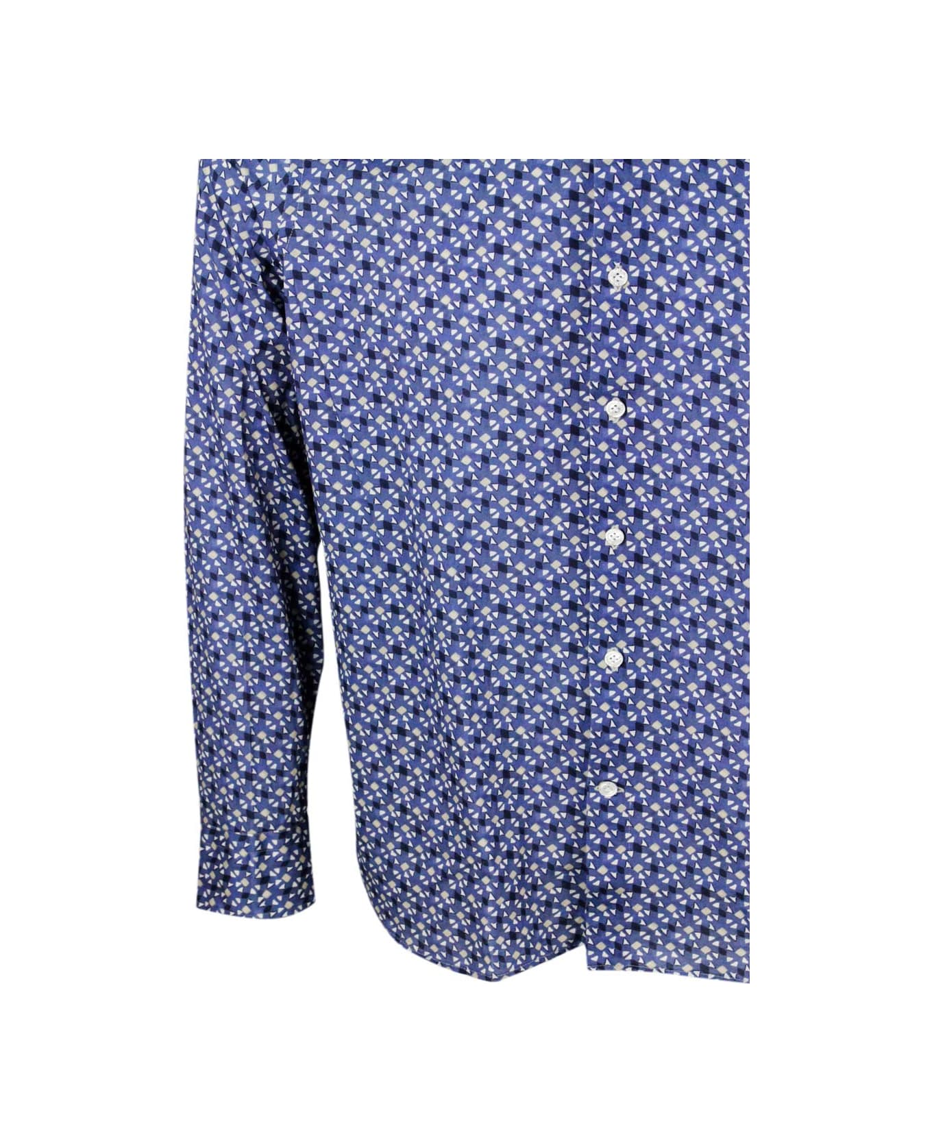 Sonrisa Luxury Shirt In Soft, Precious And Very Fine Stretch Cotton Flower With Spread Collar In Small Micro-pattern Print With Small Triangles. - Blu