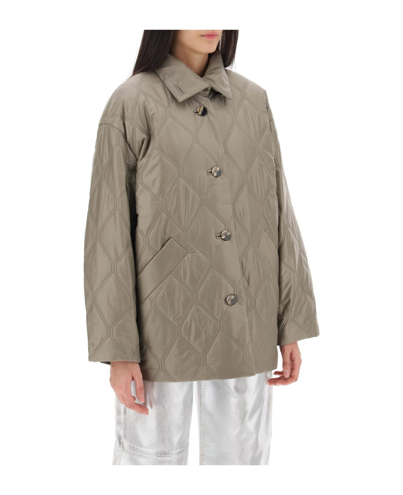 Ganni Quilted Oversized Coat - FALLEN ROCK (Khaki)